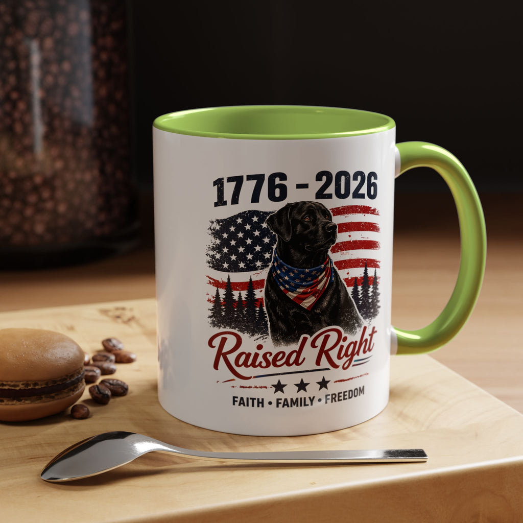 Raised Right Black Lab Coffee Mug — Patriotic 1776–2026 American Flag Dog Mug