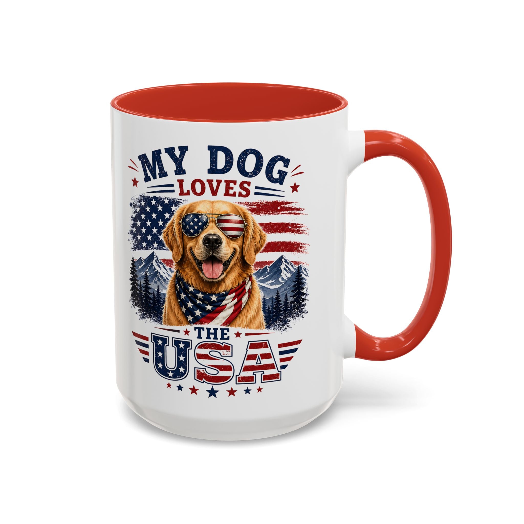 Patriotic Golden Retriever Coffee Mug – "My Dog Loves the USA" Accent Mug