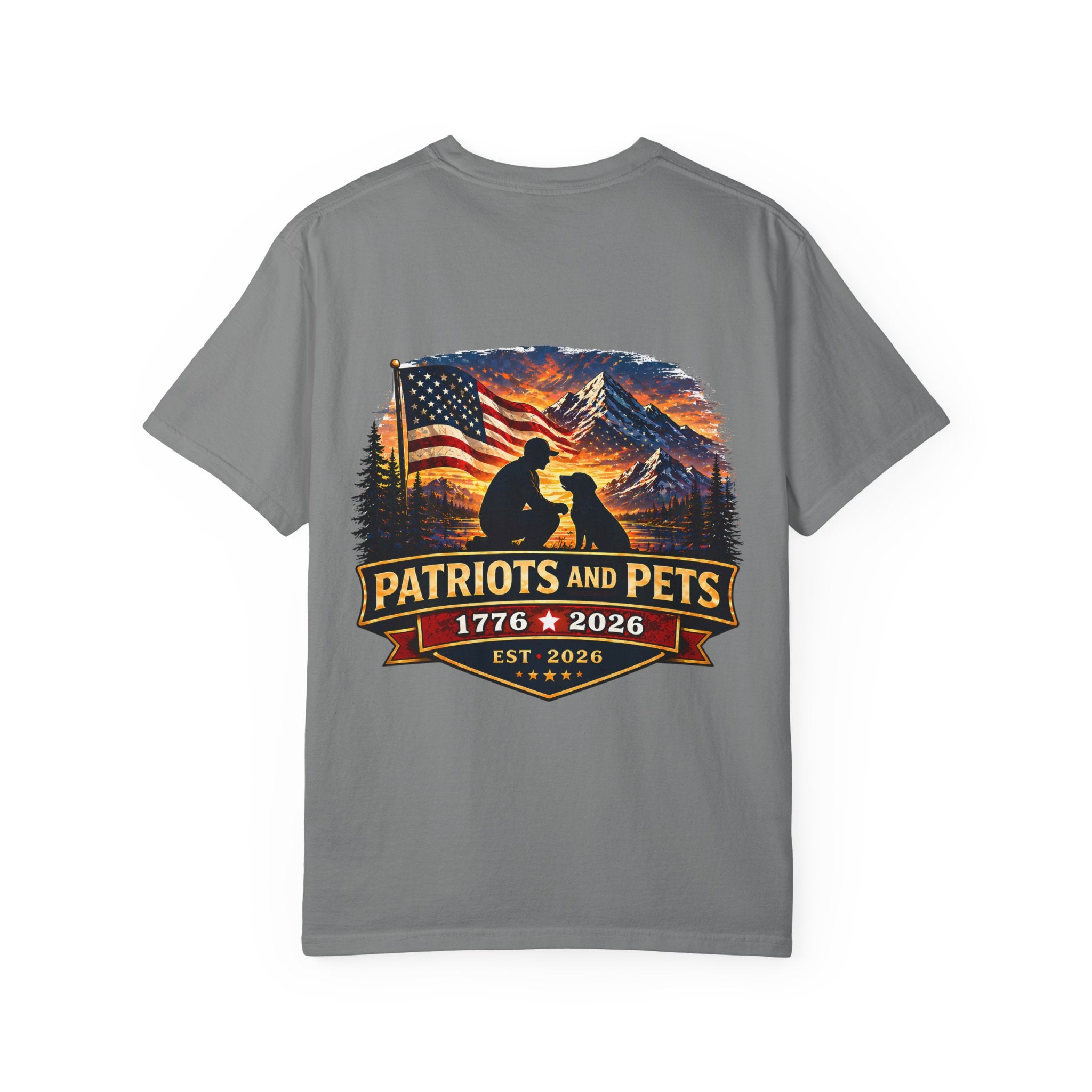 Patriots and Pets T-Shirt – 1776–2026 American Flag & Dog Tribute Tee