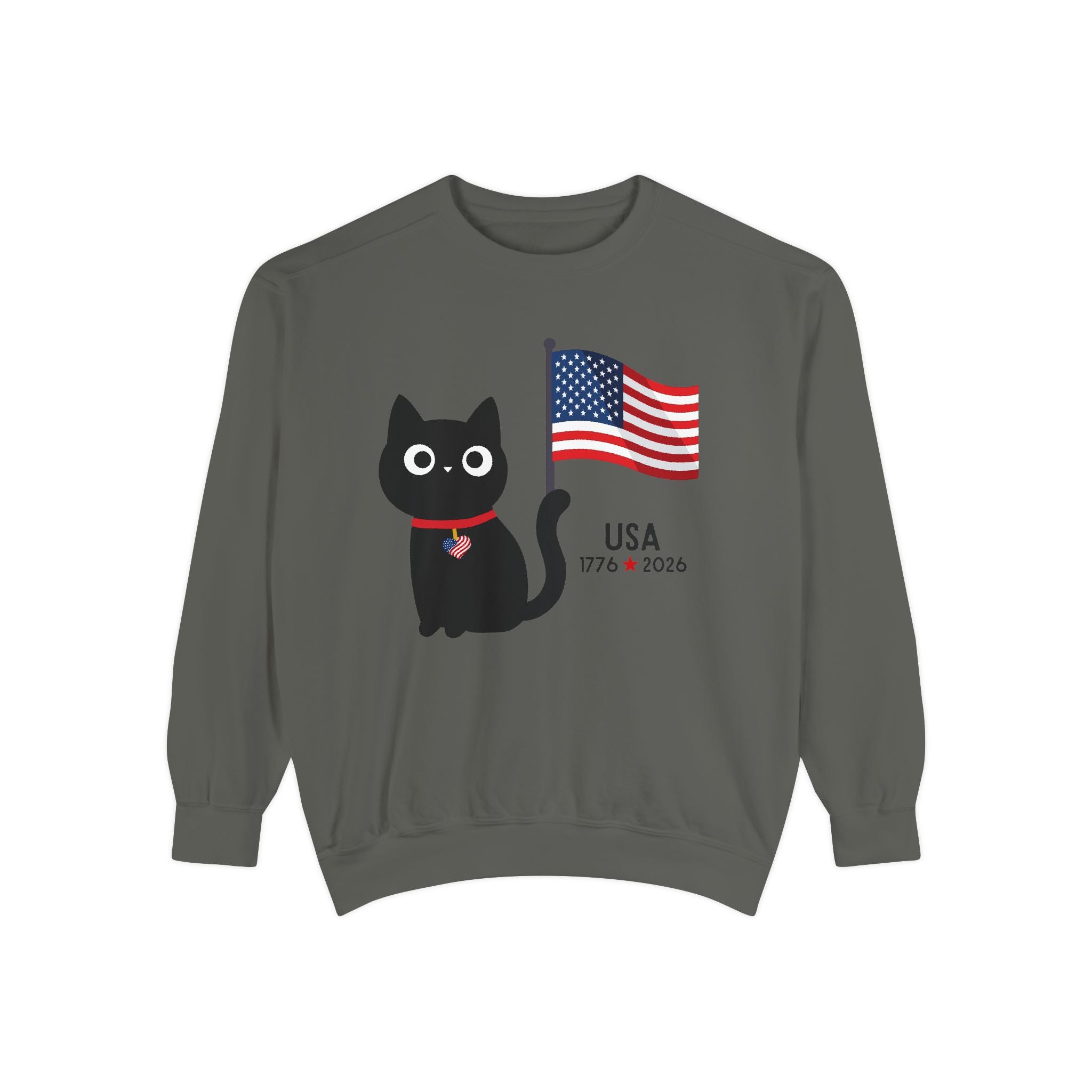 Patriotic Black Cat Sweatshirt — USA Flag 1776–2026