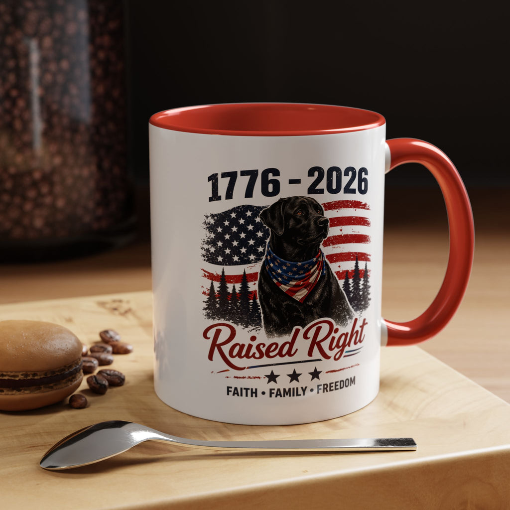 Raised Right Black Lab Coffee Mug — Patriotic 1776–2026 American Flag Dog Mug
