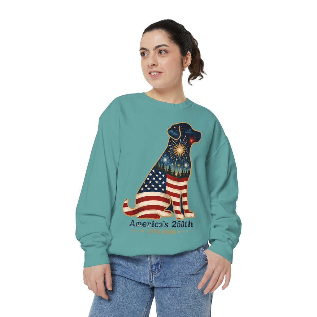 Dog Patriotic Sweatshirt – "America's 250th" Flag Labrador Crewneck