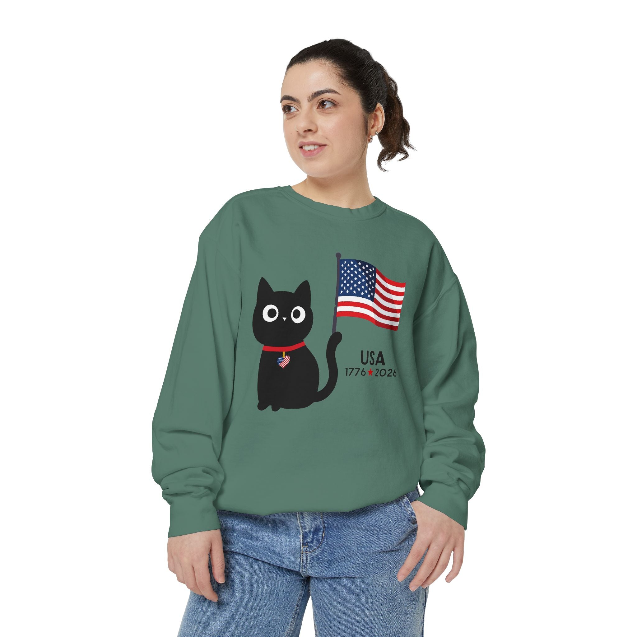 Patriotic Black Cat Sweatshirt — USA Flag 1776–2026