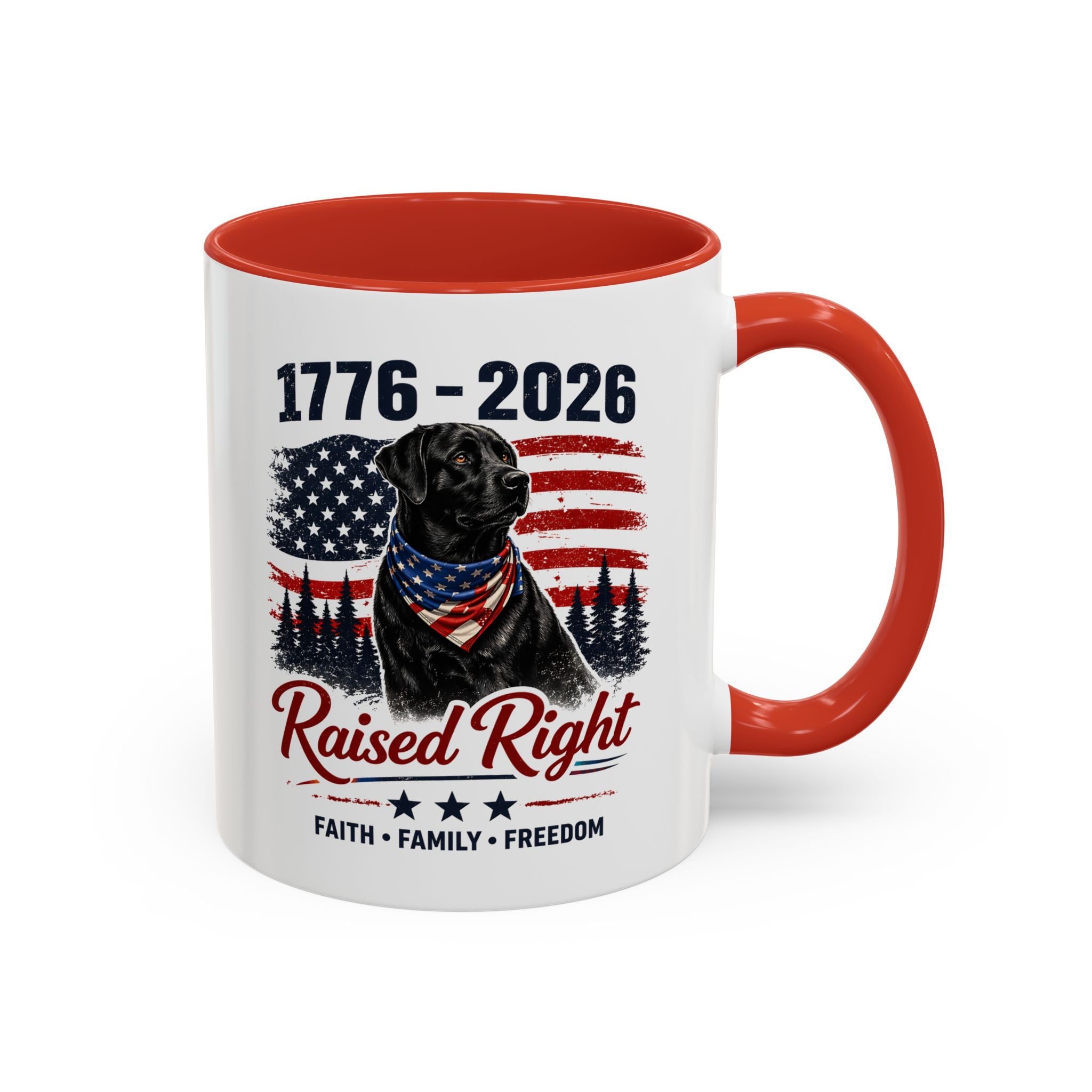 Raised Right Black Lab Coffee Mug — Patriotic 1776–2026 American Flag Dog Mug