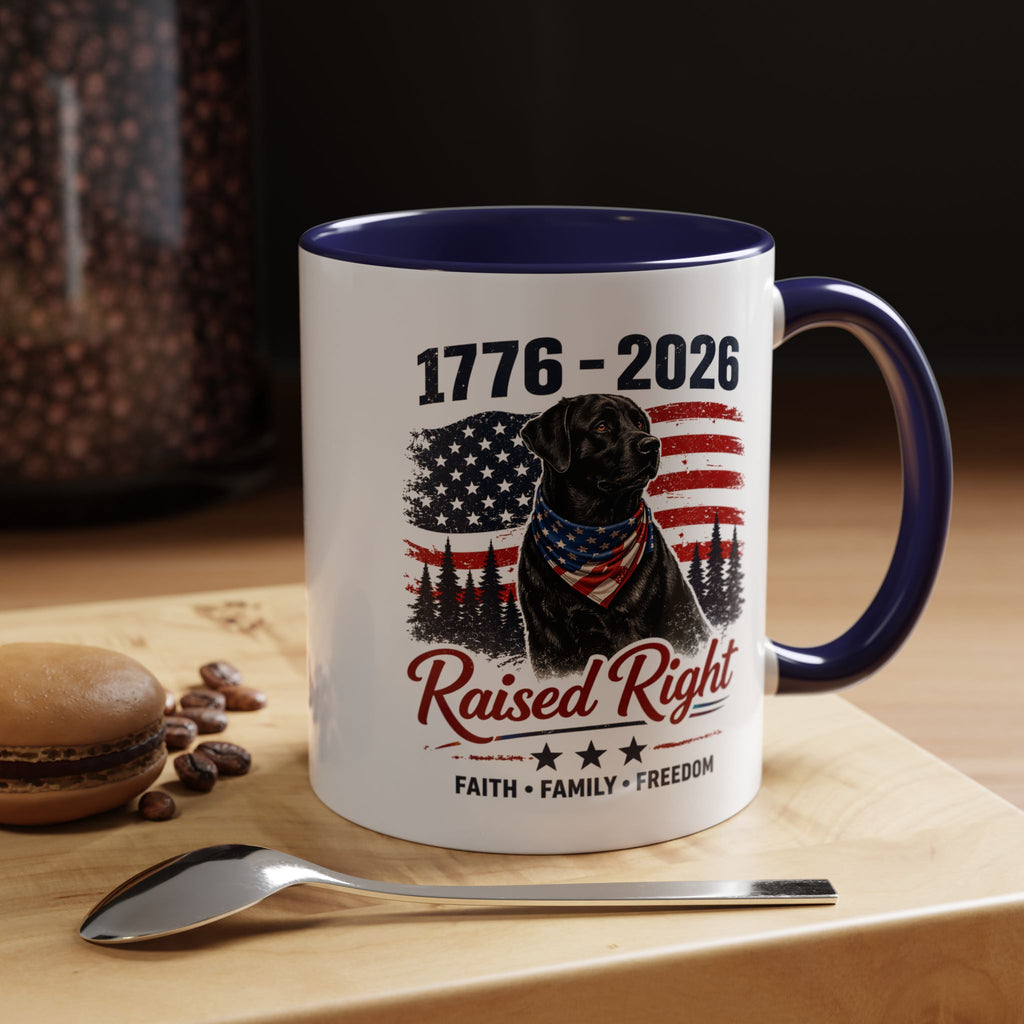 Raised Right Black Lab Coffee Mug — Patriotic 1776–2026 American Flag Dog Mug