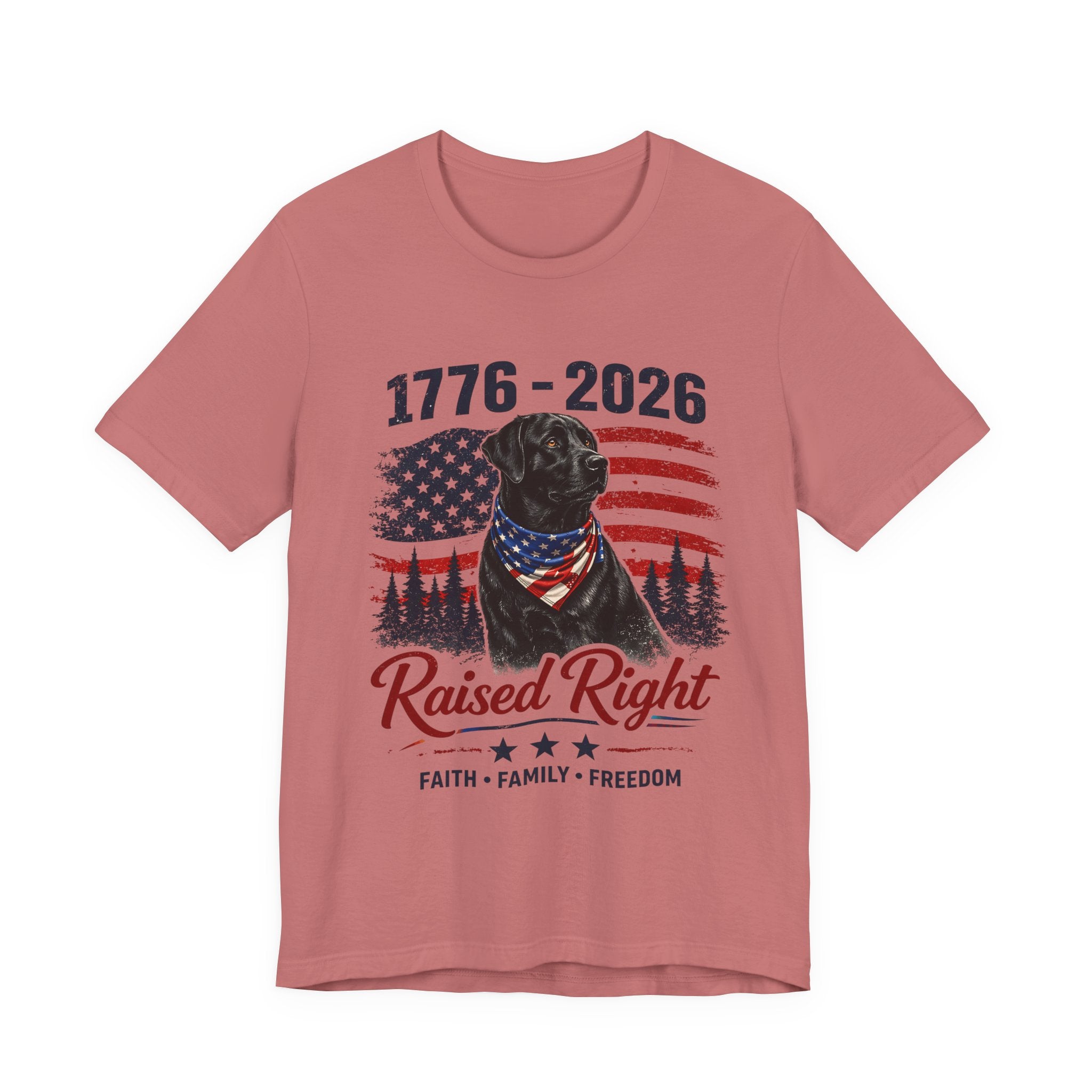 Raised Right Black Lab T-Shirt – 1776–2026 American Flag, Faith • Family • Freedom