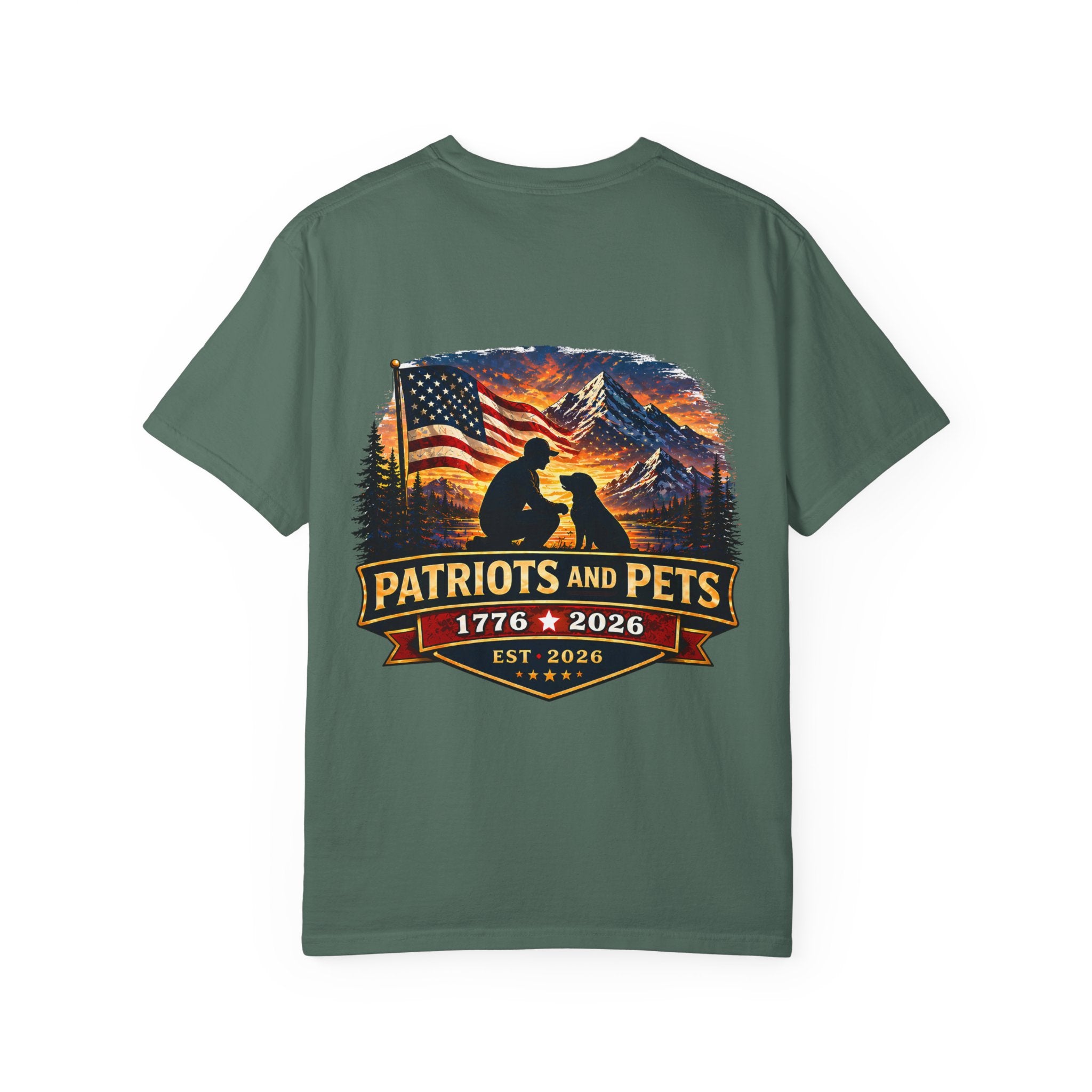 Patriots and Pets T-Shirt – 1776–2026 American Flag & Dog Tribute Tee