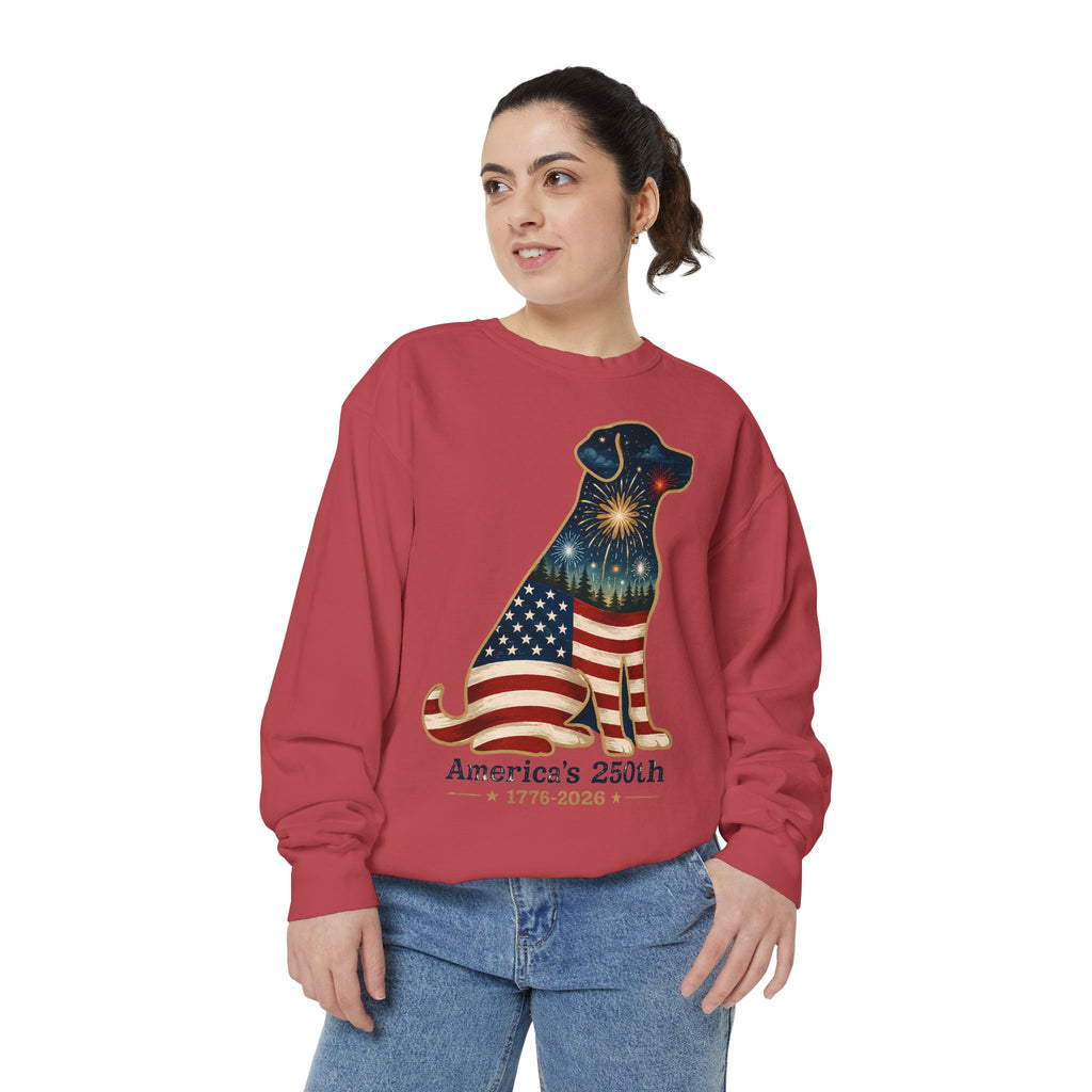 Dog Patriotic Sweatshirt – "America's 250th" Flag Labrador Crewneck