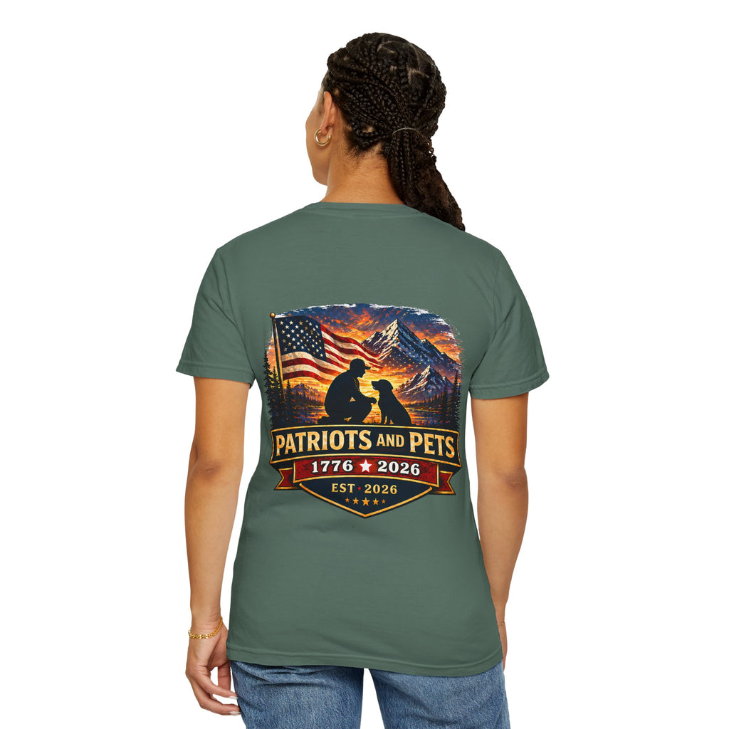 Patriots and Pets T-Shirt – 1776–2026 American Flag & Dog Tribute Tee