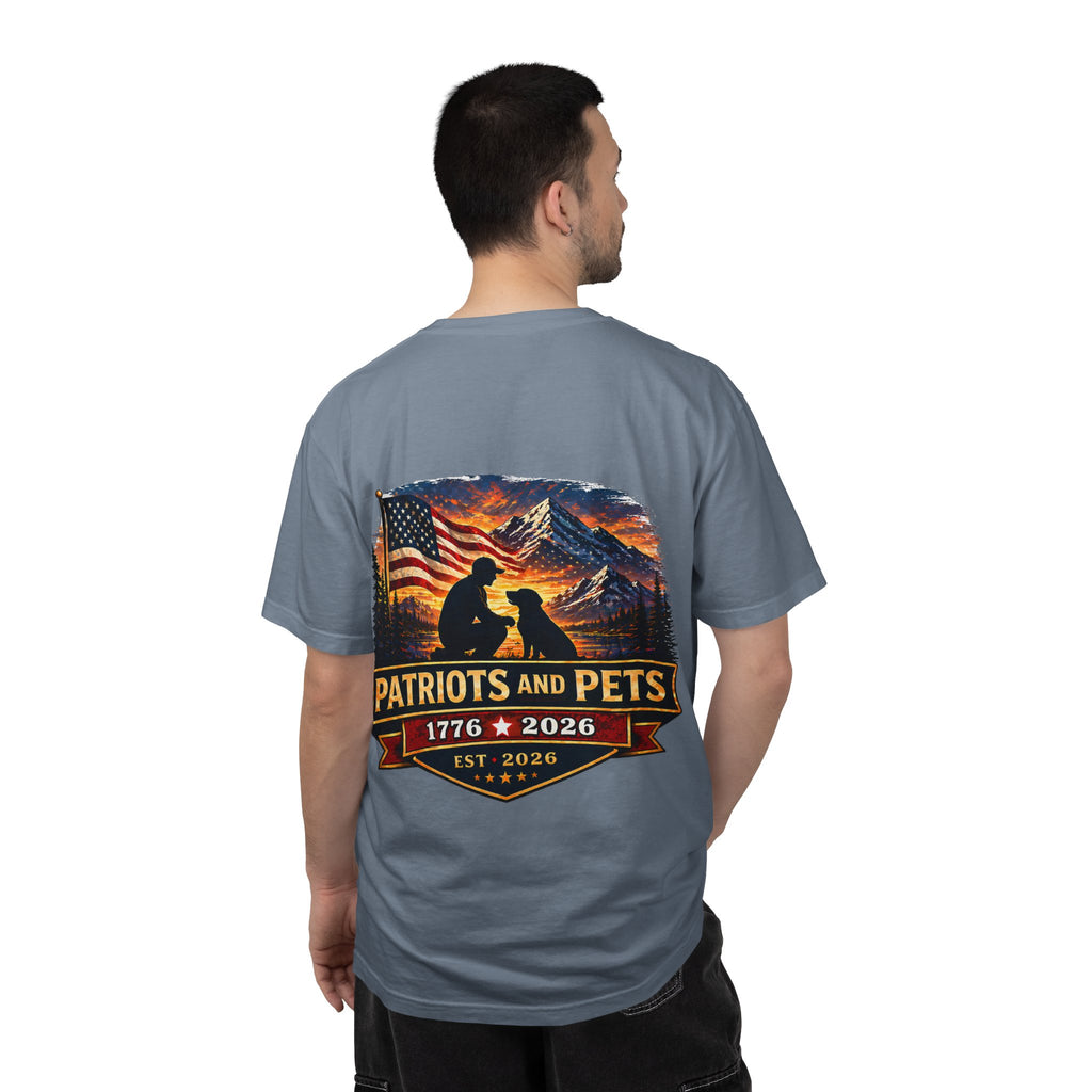 Patriots and Pets T-Shirt – 1776–2026 American Flag & Dog Tribute Tee