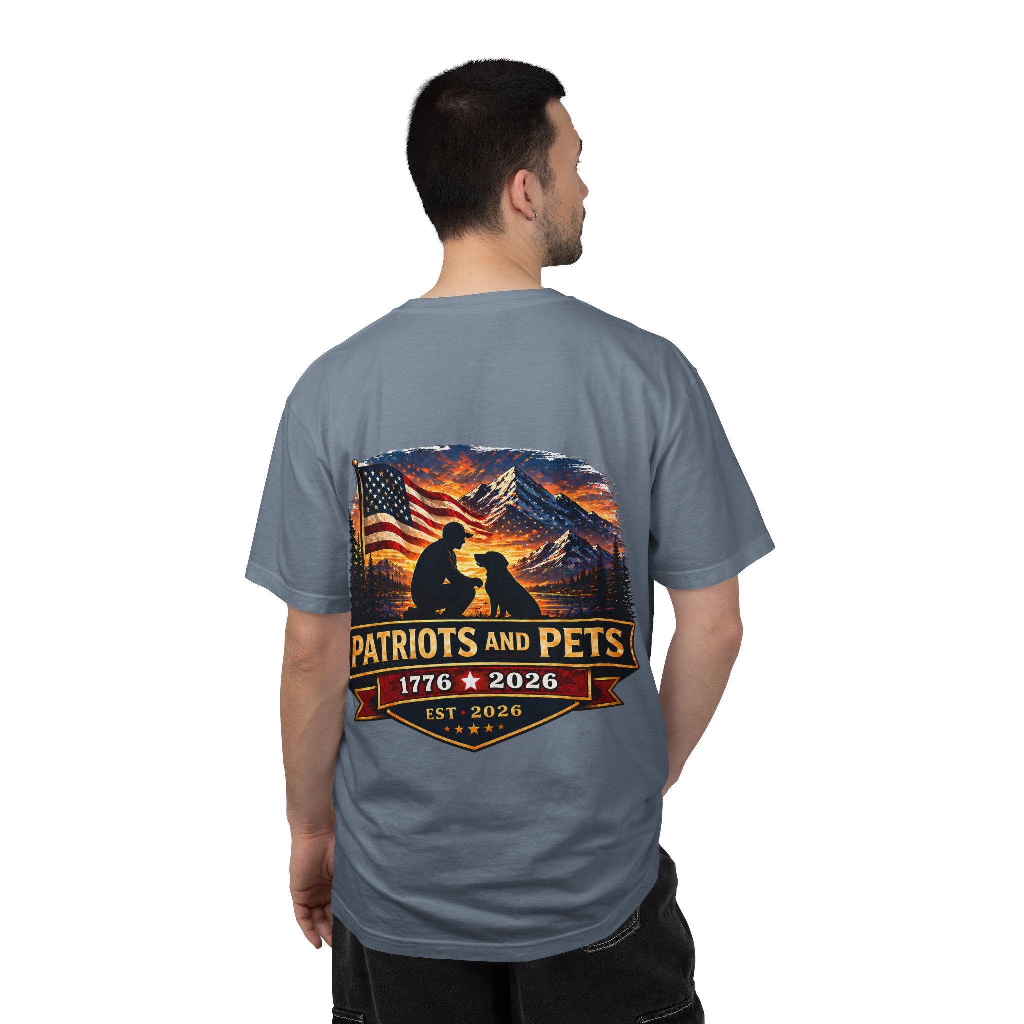 Patriots and Pets T-Shirt – 1776–2026 American Flag & Dog Tribute Tee