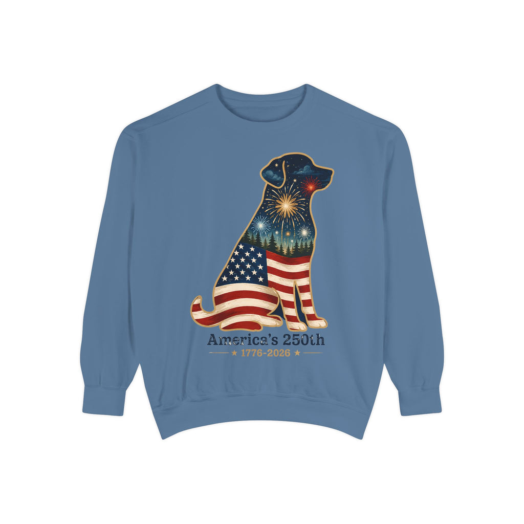 Dog Patriotic Sweatshirt – "America's 250th" Flag Labrador Crewneck