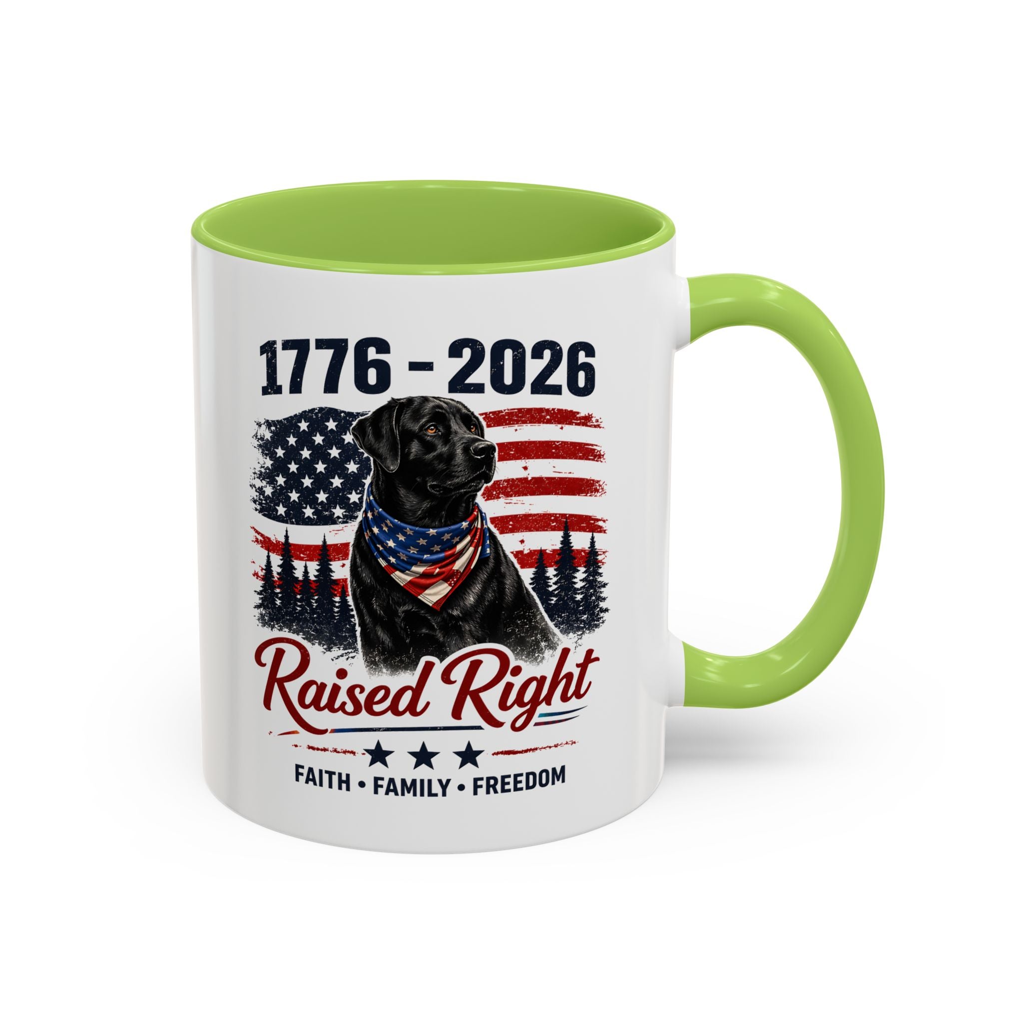 Raised Right Black Lab Coffee Mug — Patriotic 1776–2026 American Flag Dog Mug