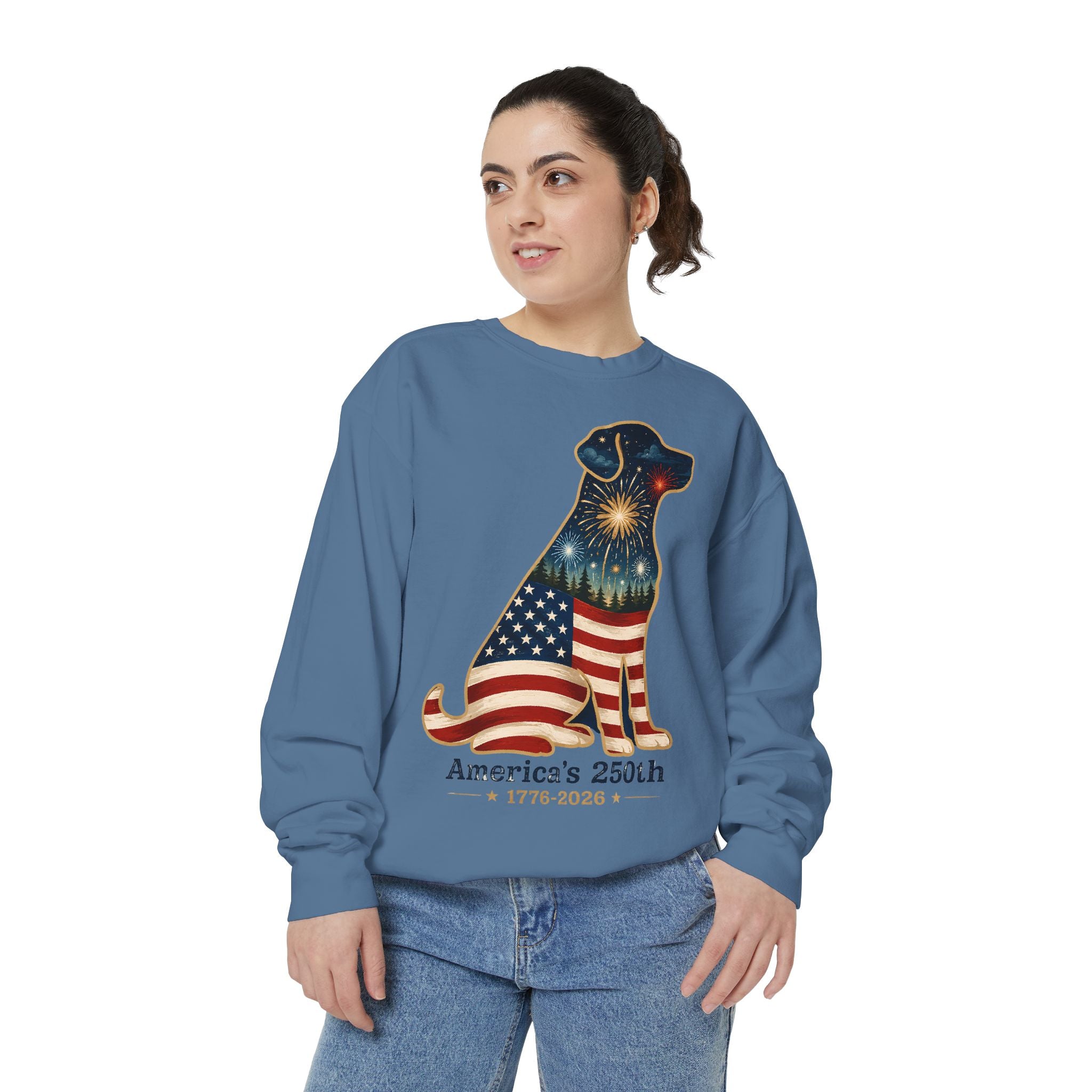 Dog Patriotic Sweatshirt – "America's 250th" Flag Labrador Crewneck