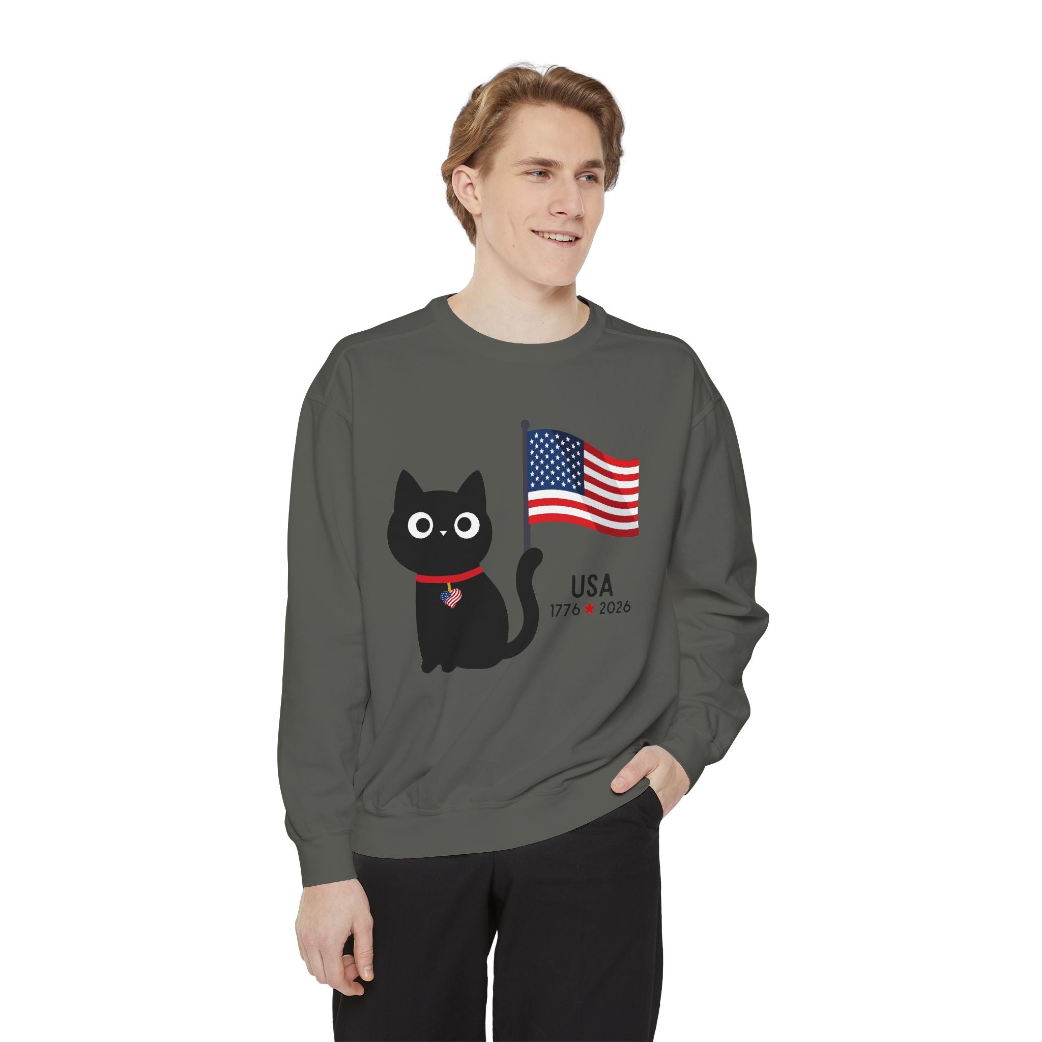 Patriotic Black Cat Sweatshirt — USA Flag 1776–2026