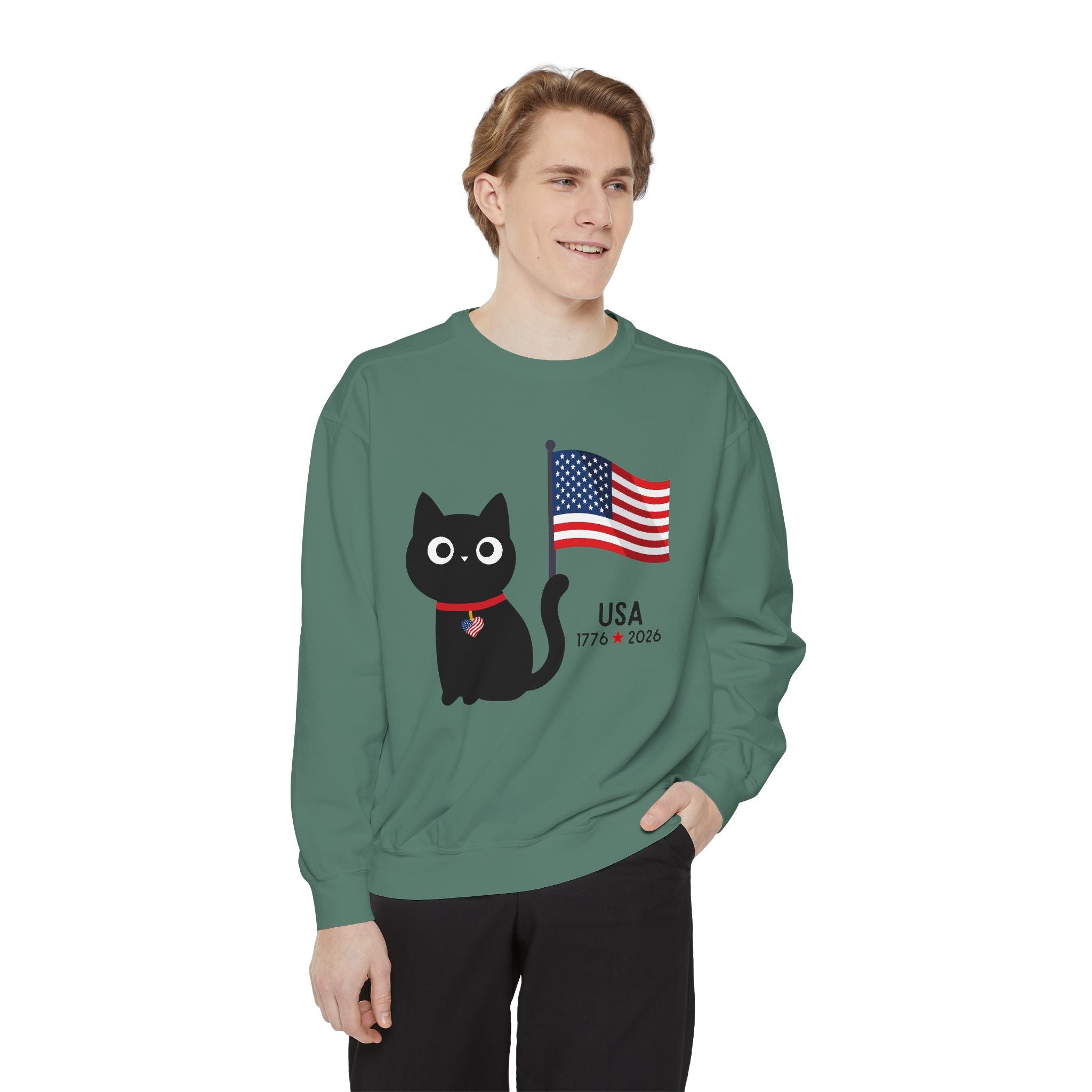 Patriotic Black Cat Sweatshirt — USA Flag 1776–2026
