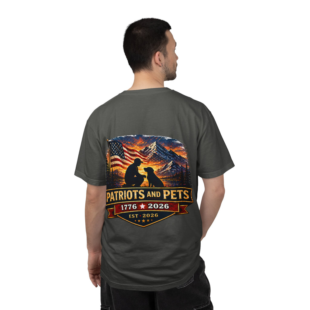 Patriots and Pets T-Shirt – 1776–2026 American Flag & Dog Tribute Tee
