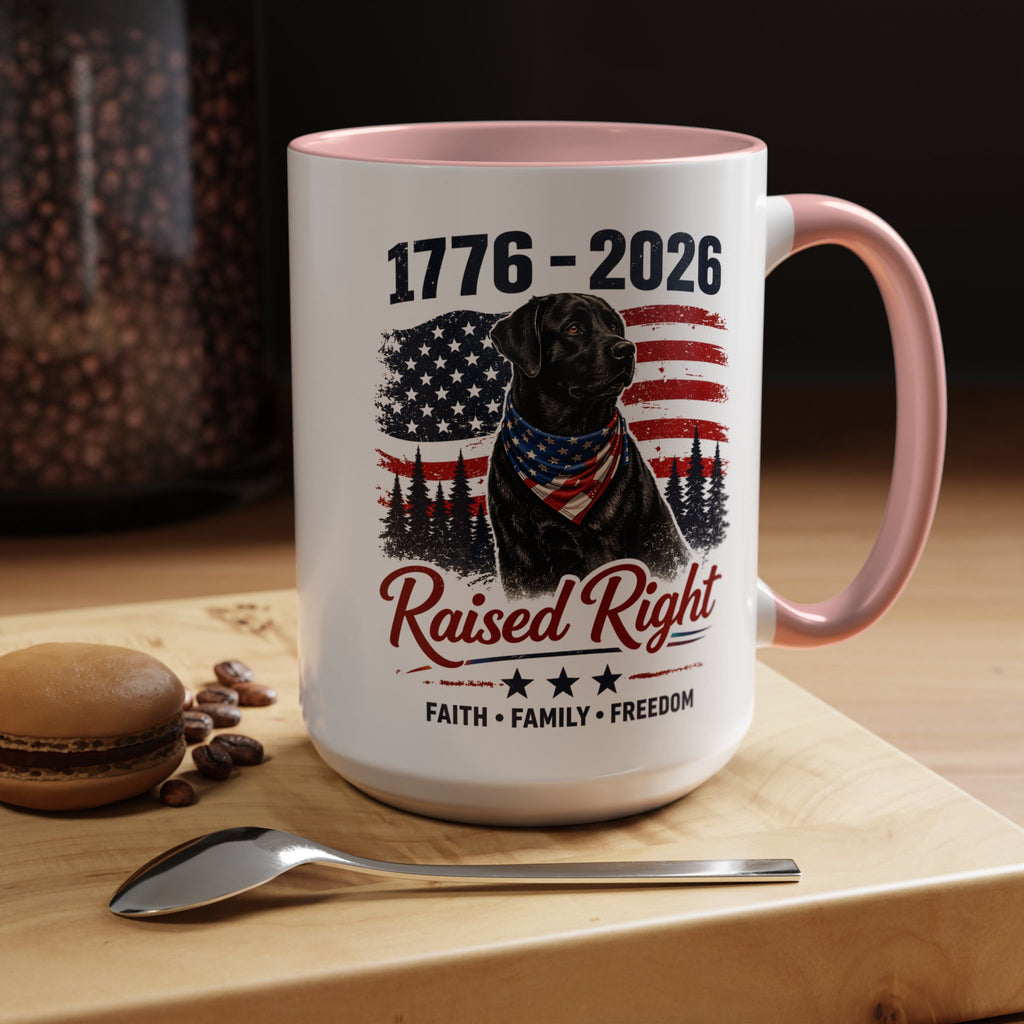 Raised Right Black Lab Coffee Mug — Patriotic 1776–2026 American Flag Dog Mug