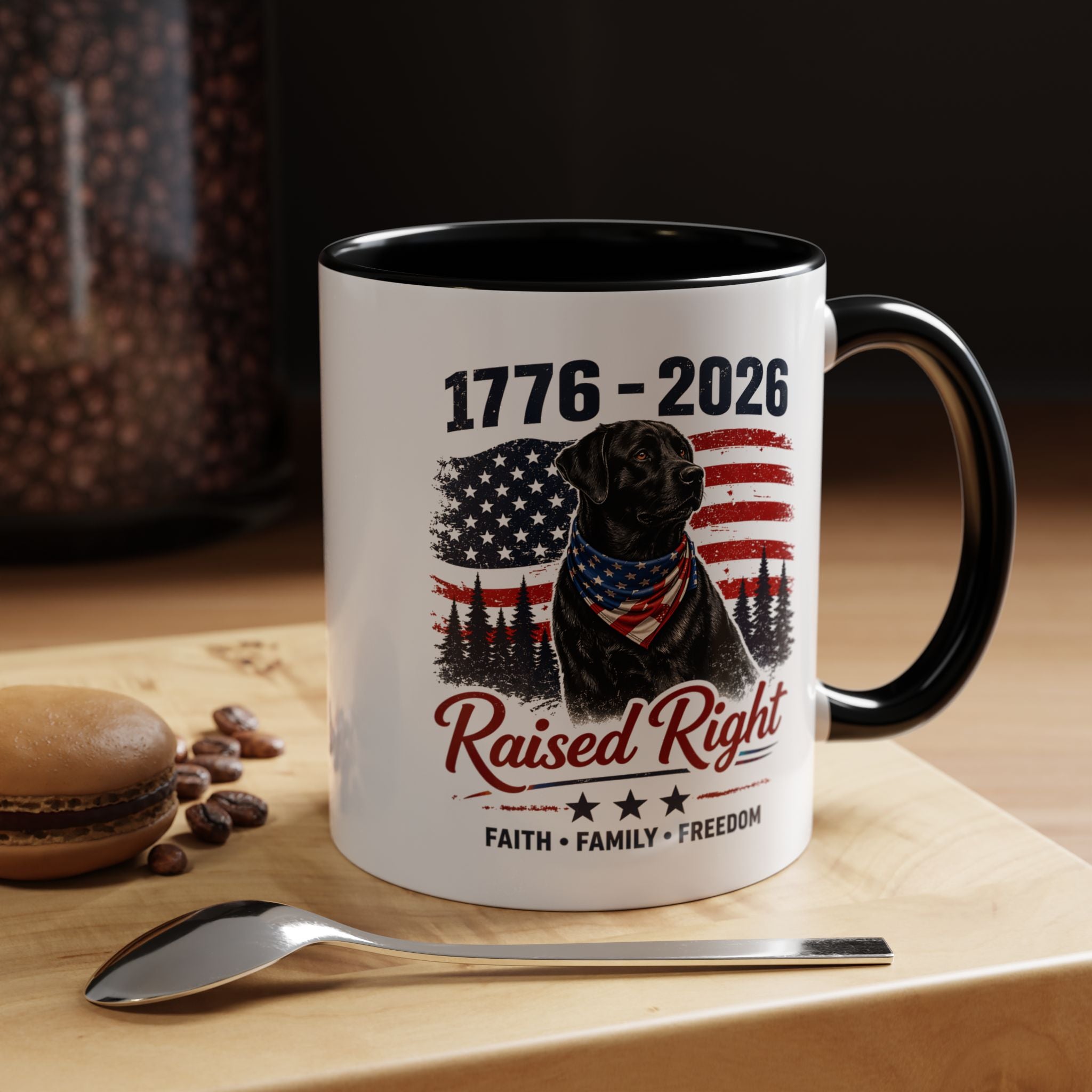 Raised Right Black Lab Coffee Mug — Patriotic 1776–2026 American Flag Dog Mug