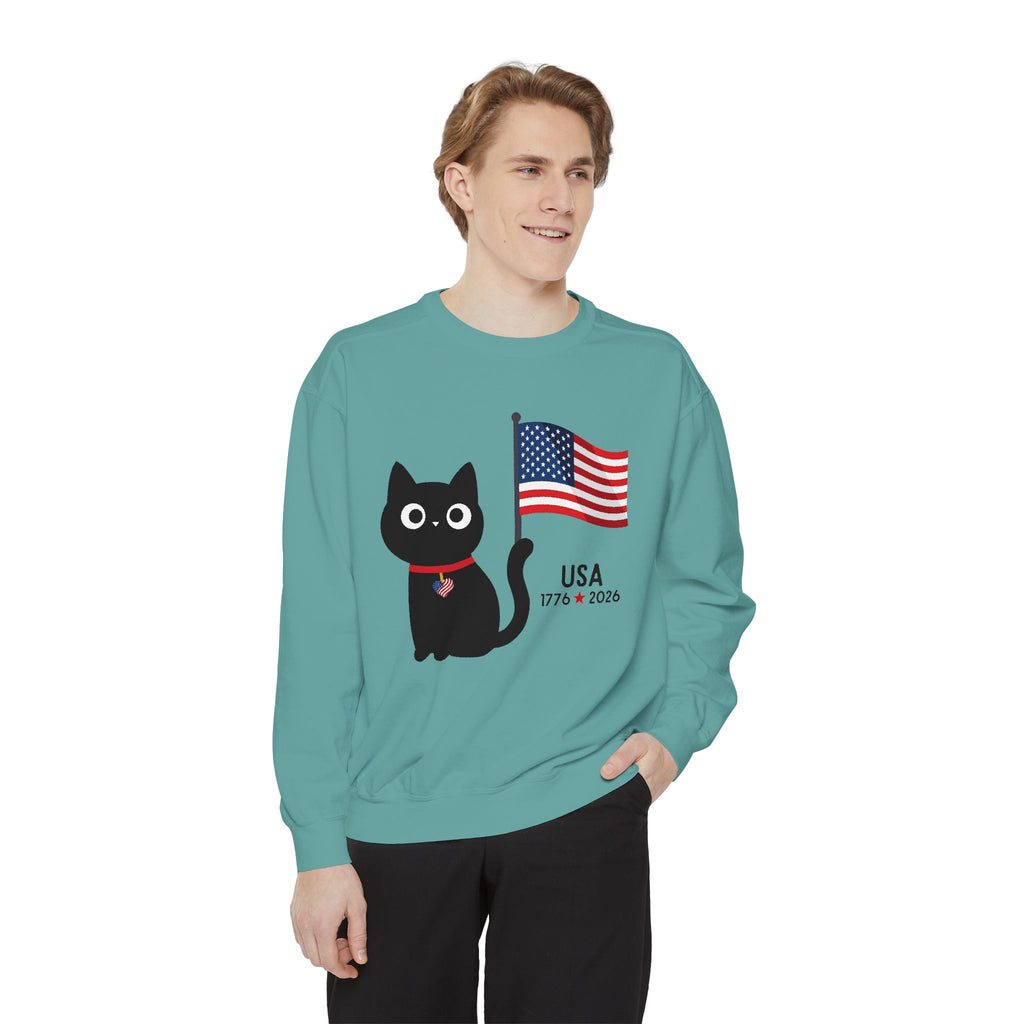 Patriotic Black Cat Sweatshirt — USA Flag 1776–2026
