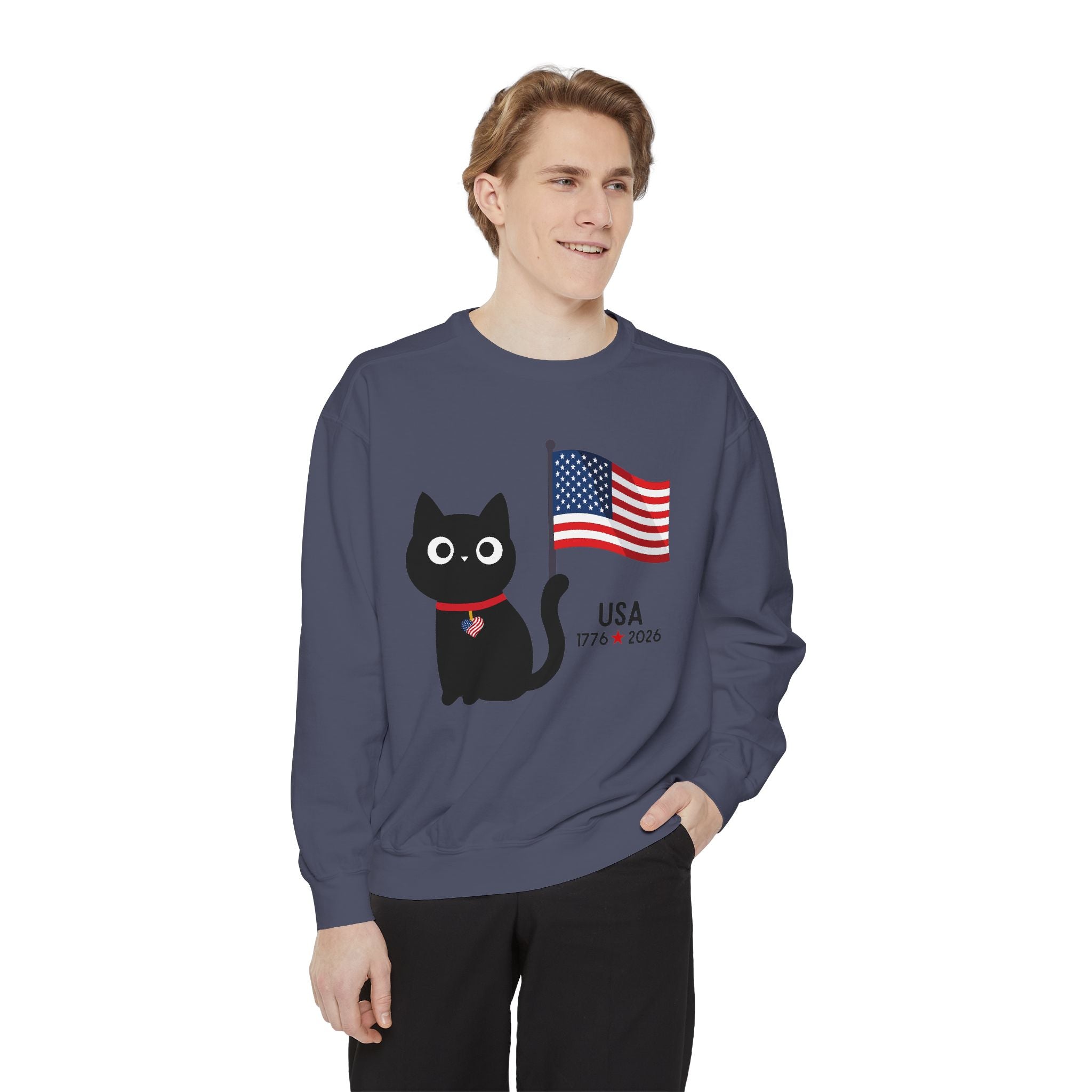 Patriotic Black Cat Sweatshirt — USA Flag 1776–2026