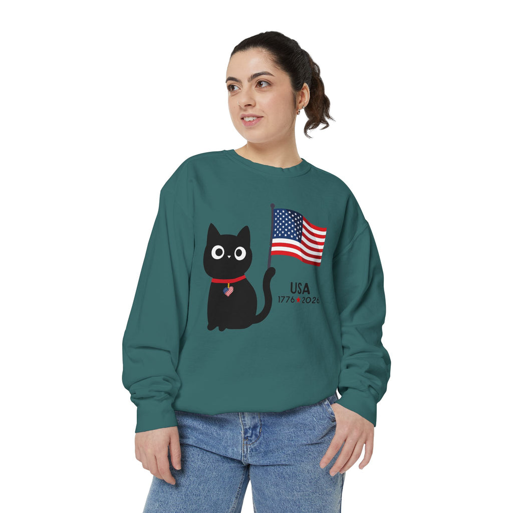 Patriotic Black Cat Sweatshirt — USA Flag 1776–2026