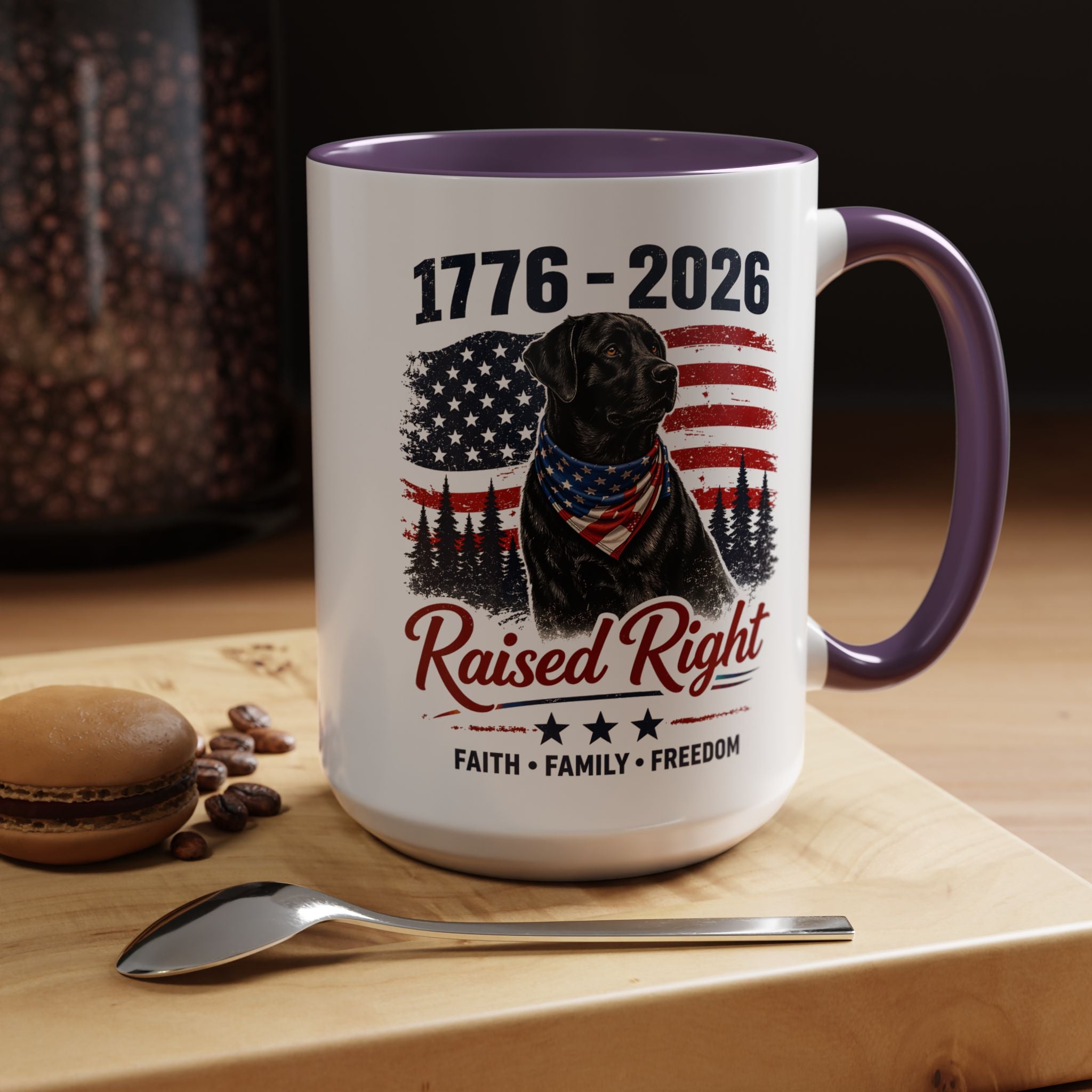 Raised Right Black Lab Coffee Mug — Patriotic 1776–2026 American Flag Dog Mug