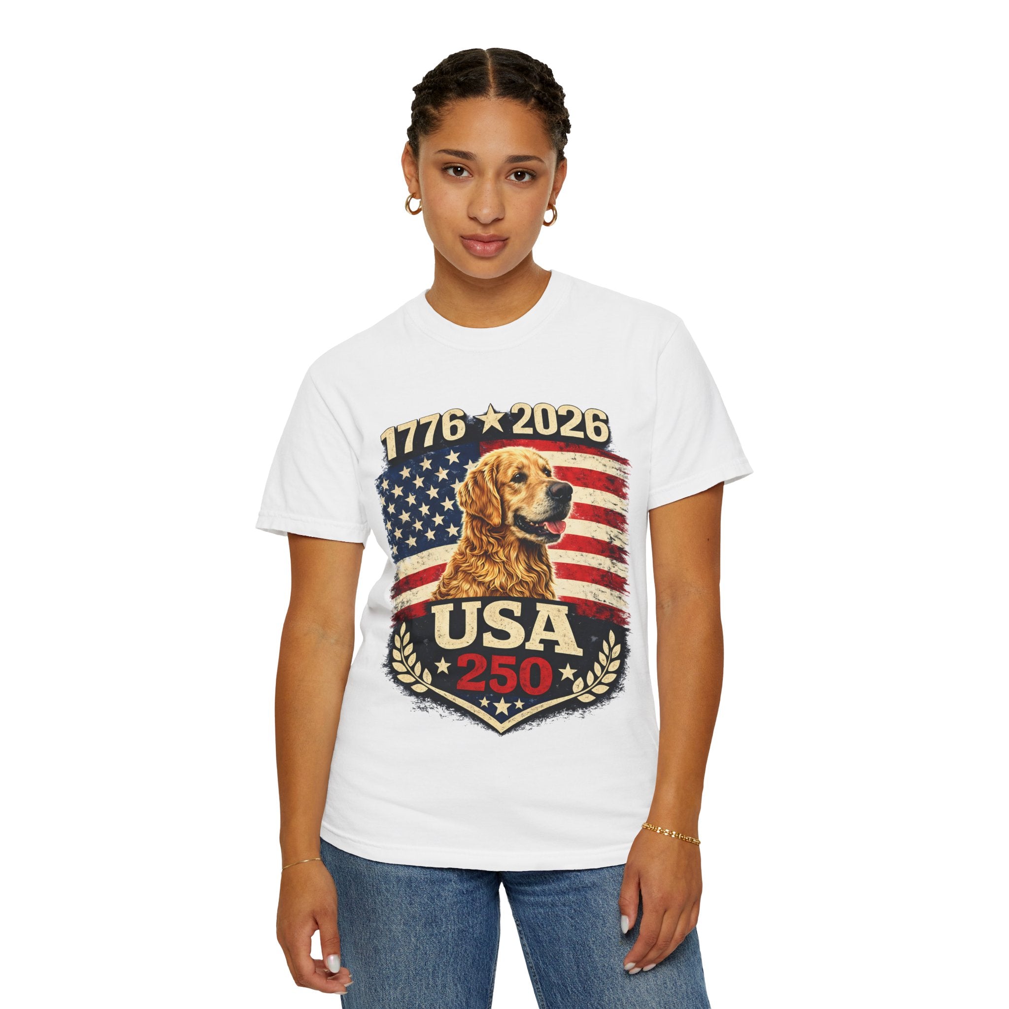 USA 250 Golden Retriever T-Shirt — 1776–2026 Patriotic 250th Anniversary Tee