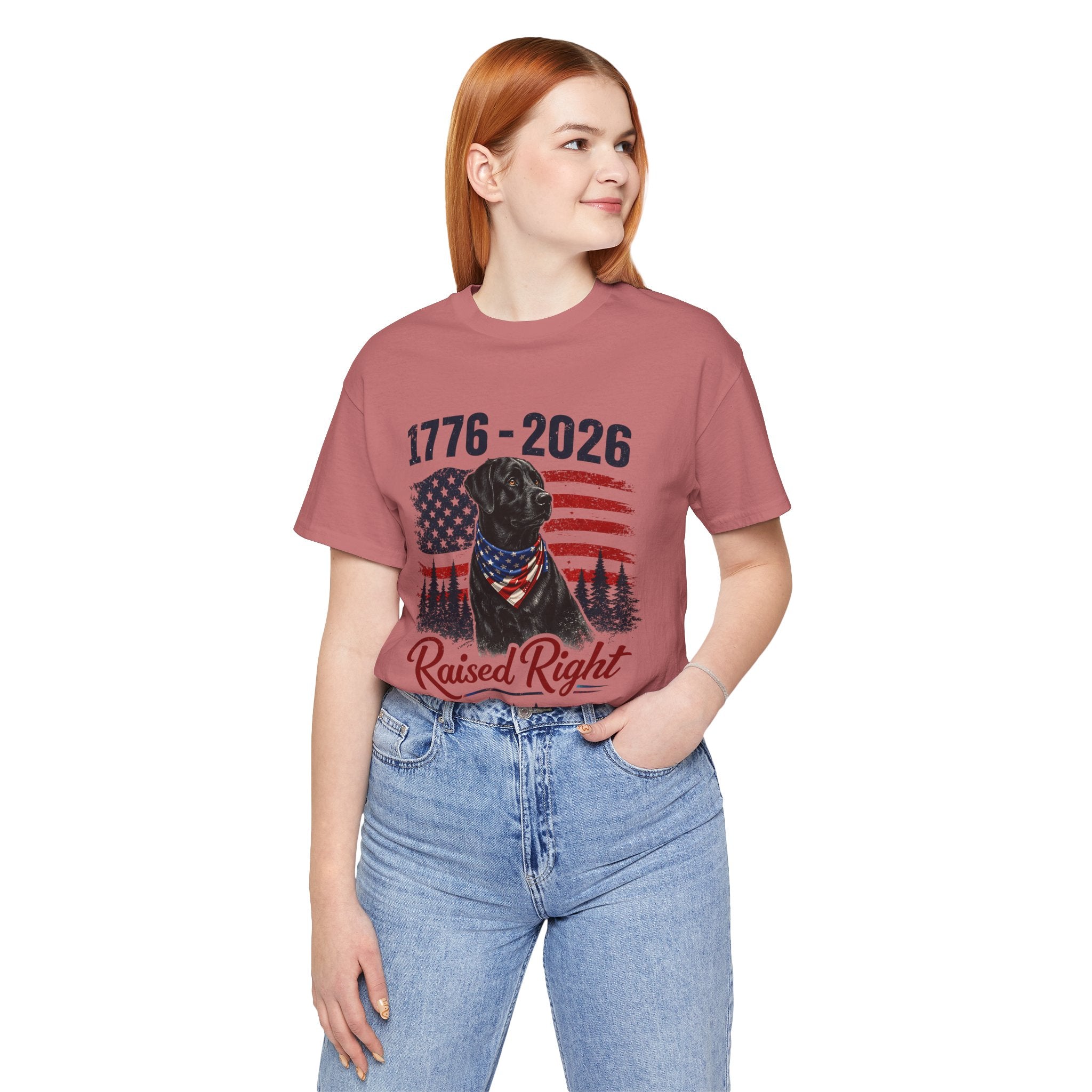 Raised Right Black Lab T-Shirt – 1776–2026 American Flag, Faith • Family • Freedom