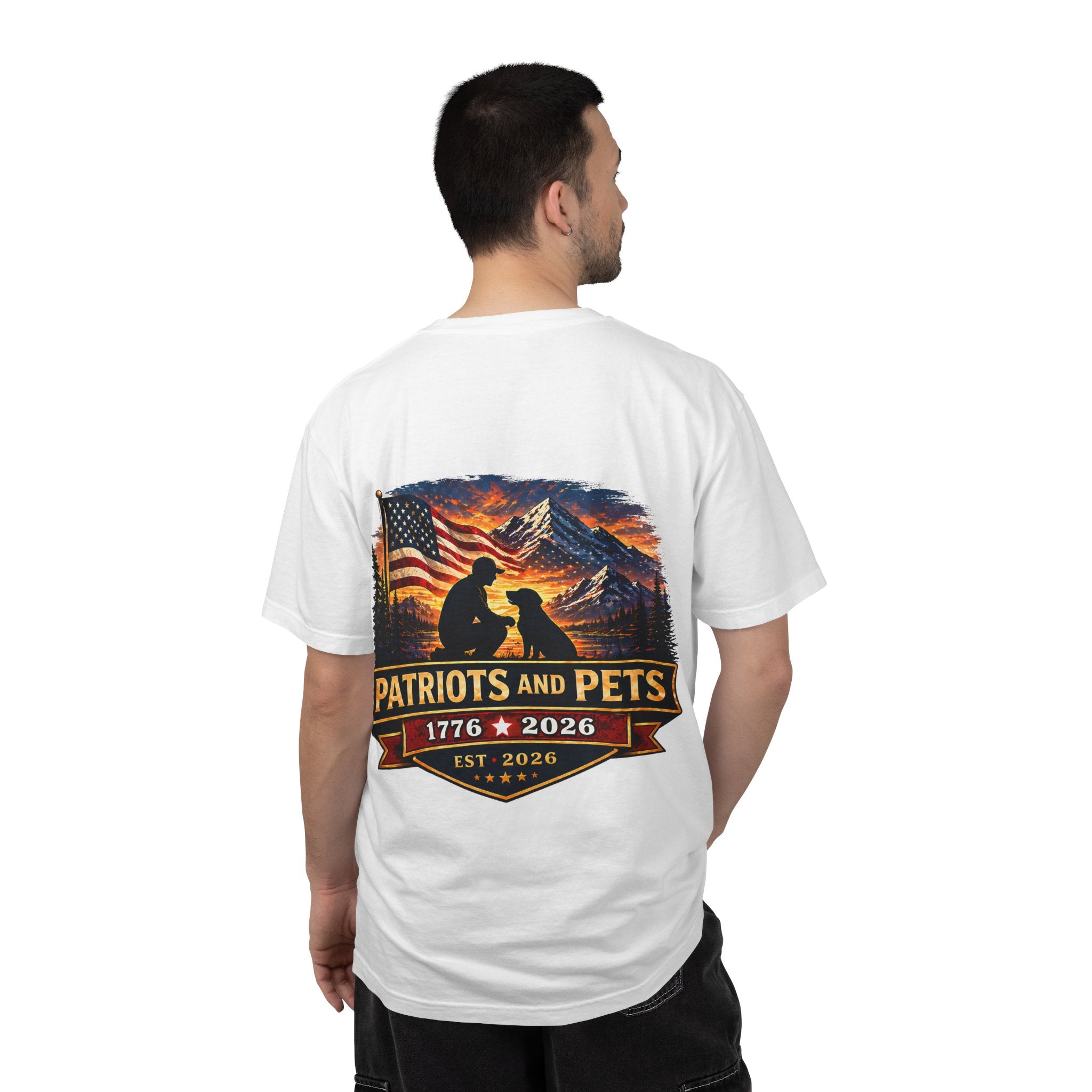 Patriots and Pets T-Shirt – 1776–2026 American Flag & Dog Tribute Tee
