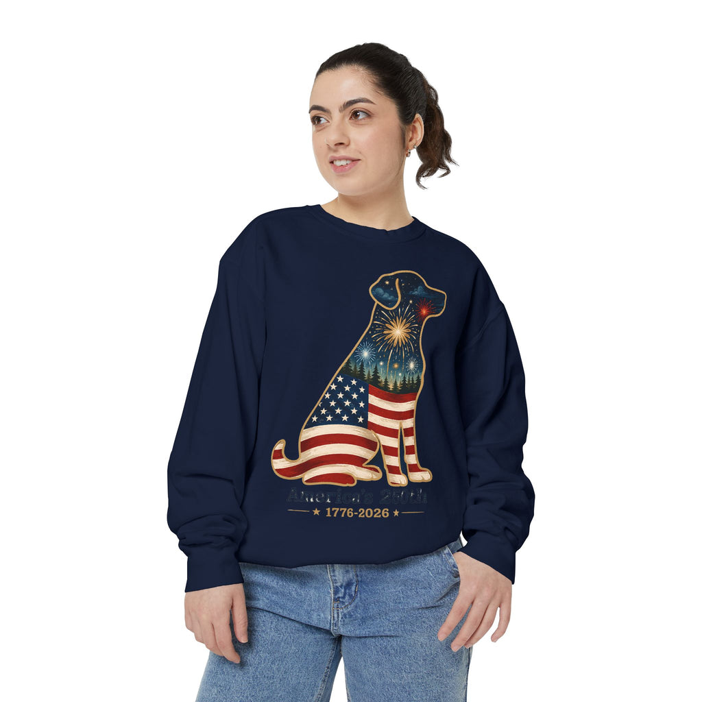 Dog Patriotic Sweatshirt – "America's 250th" Flag Labrador Crewneck