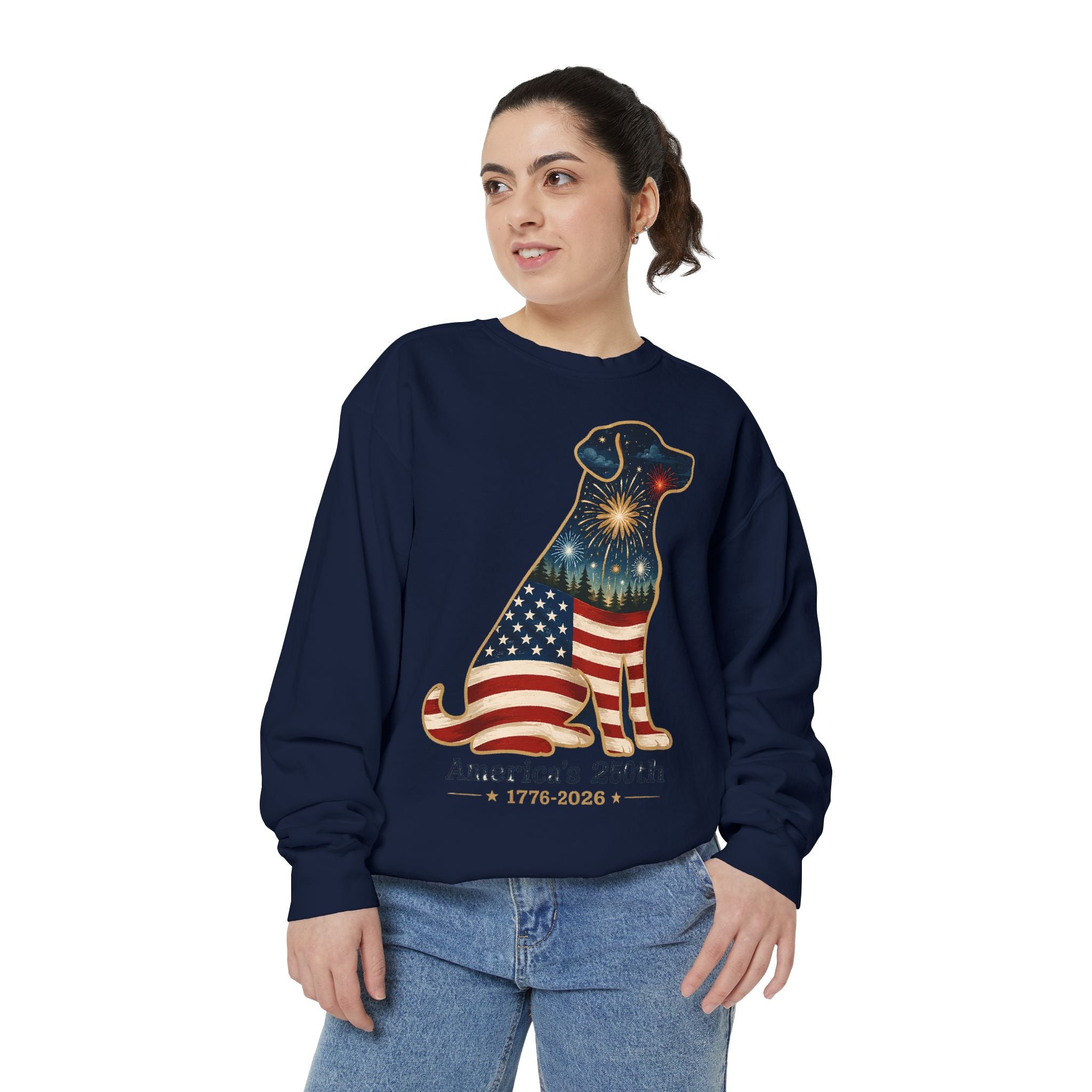 Dog Patriotic Sweatshirt – "America's 250th" Flag Labrador Crewneck
