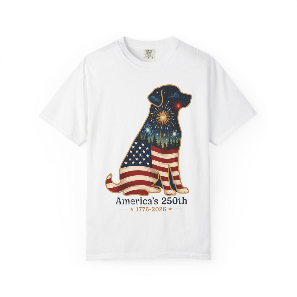 Patriotic Labrador T-Shirt — "America's 250th 1776–2026" Dog Flag Tee