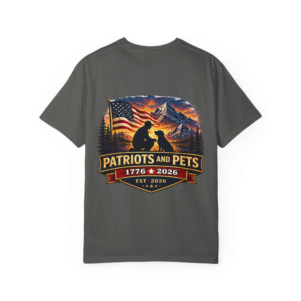 Patriots and Pets T-Shirt – 1776–2026 American Flag & Dog Tribute Tee