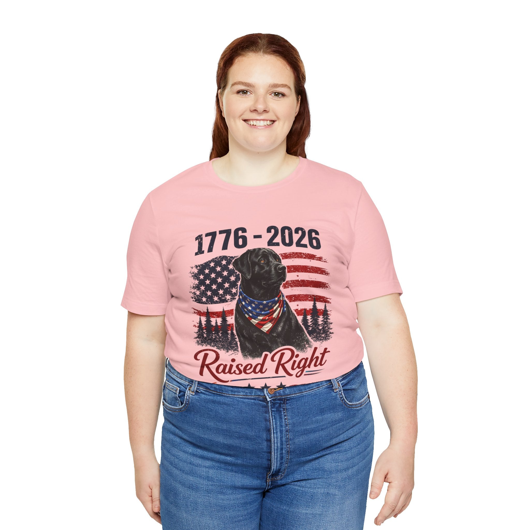 Raised Right Black Lab T-Shirt – 1776–2026 American Flag, Faith • Family • Freedom