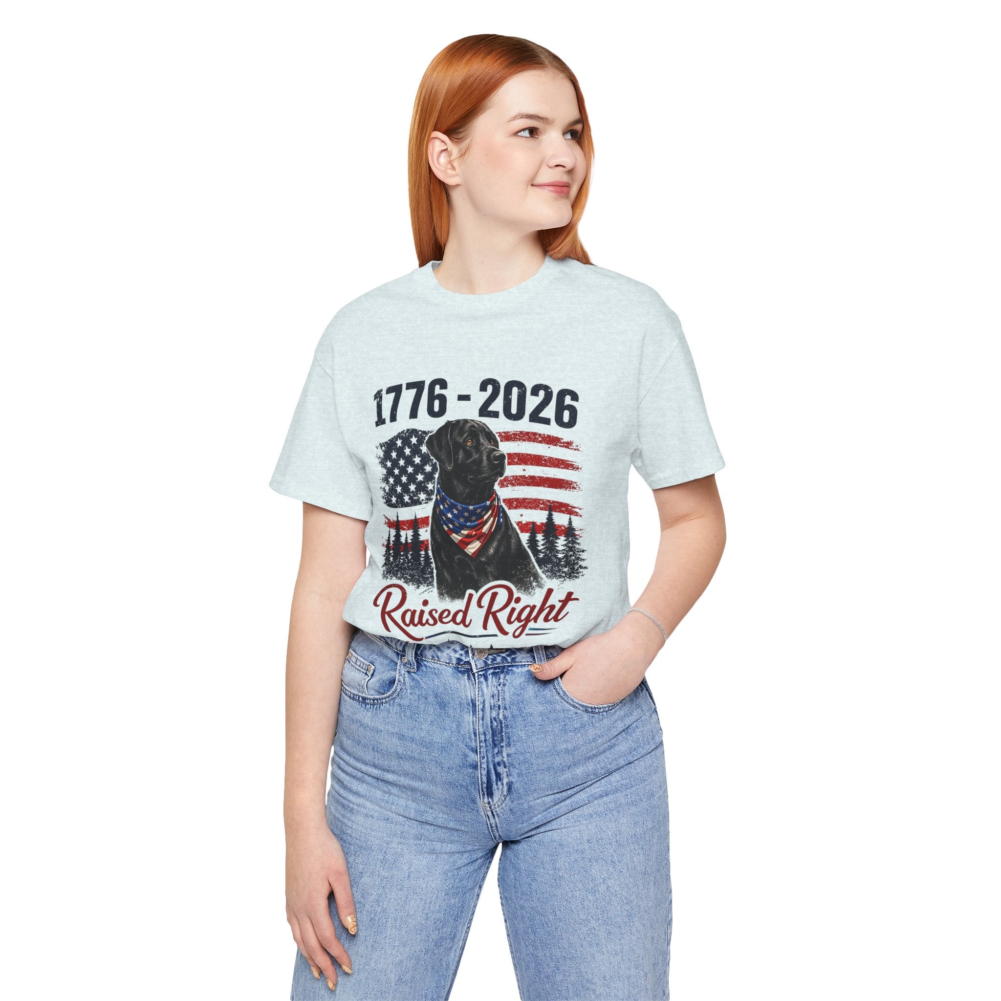 Raised Right Black Lab T-Shirt – 1776–2026 American Flag, Faith • Family • Freedom