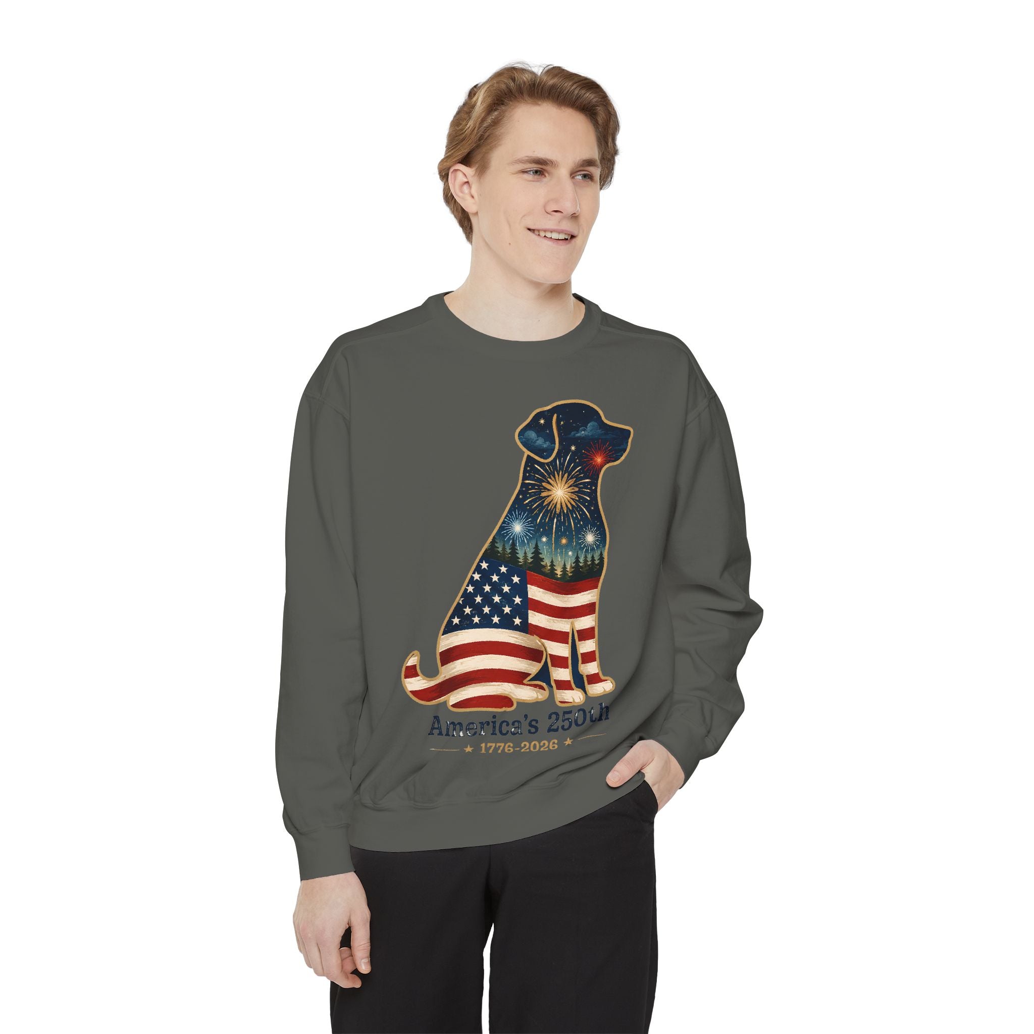 Dog Patriotic Sweatshirt – "America's 250th" Flag Labrador Crewneck