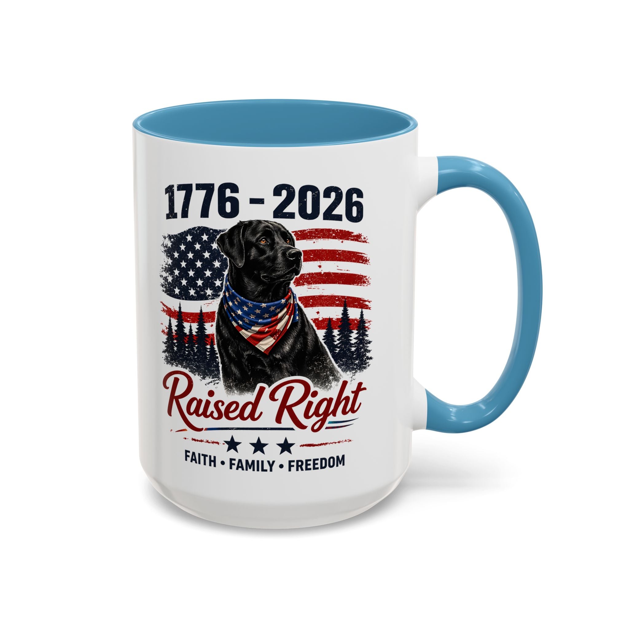 Raised Right Black Lab Coffee Mug — Patriotic 1776–2026 American Flag Dog Mug