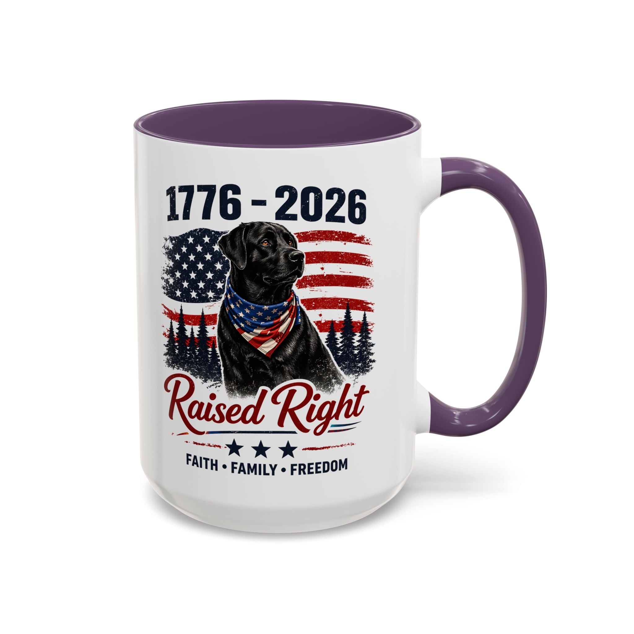 Raised Right Black Lab Coffee Mug — Patriotic 1776–2026 American Flag Dog Mug