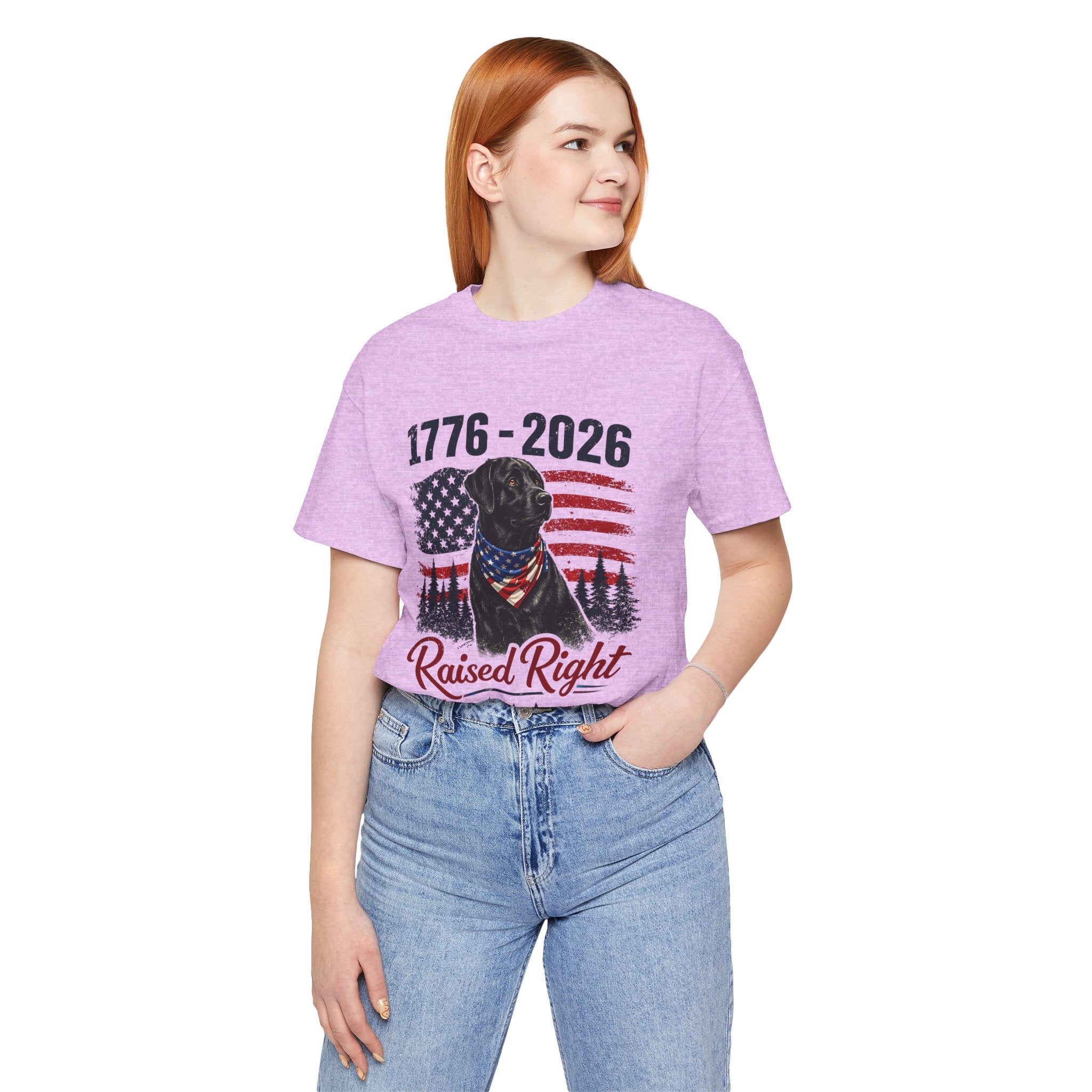 Raised Right Black Lab T-Shirt – 1776–2026 American Flag, Faith • Family • Freedom