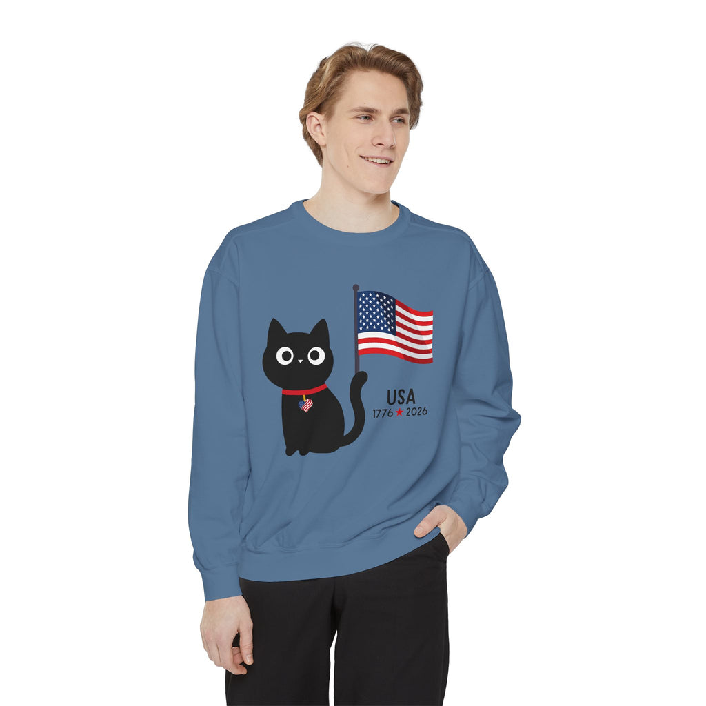 Patriotic Black Cat Sweatshirt — USA Flag 1776–2026