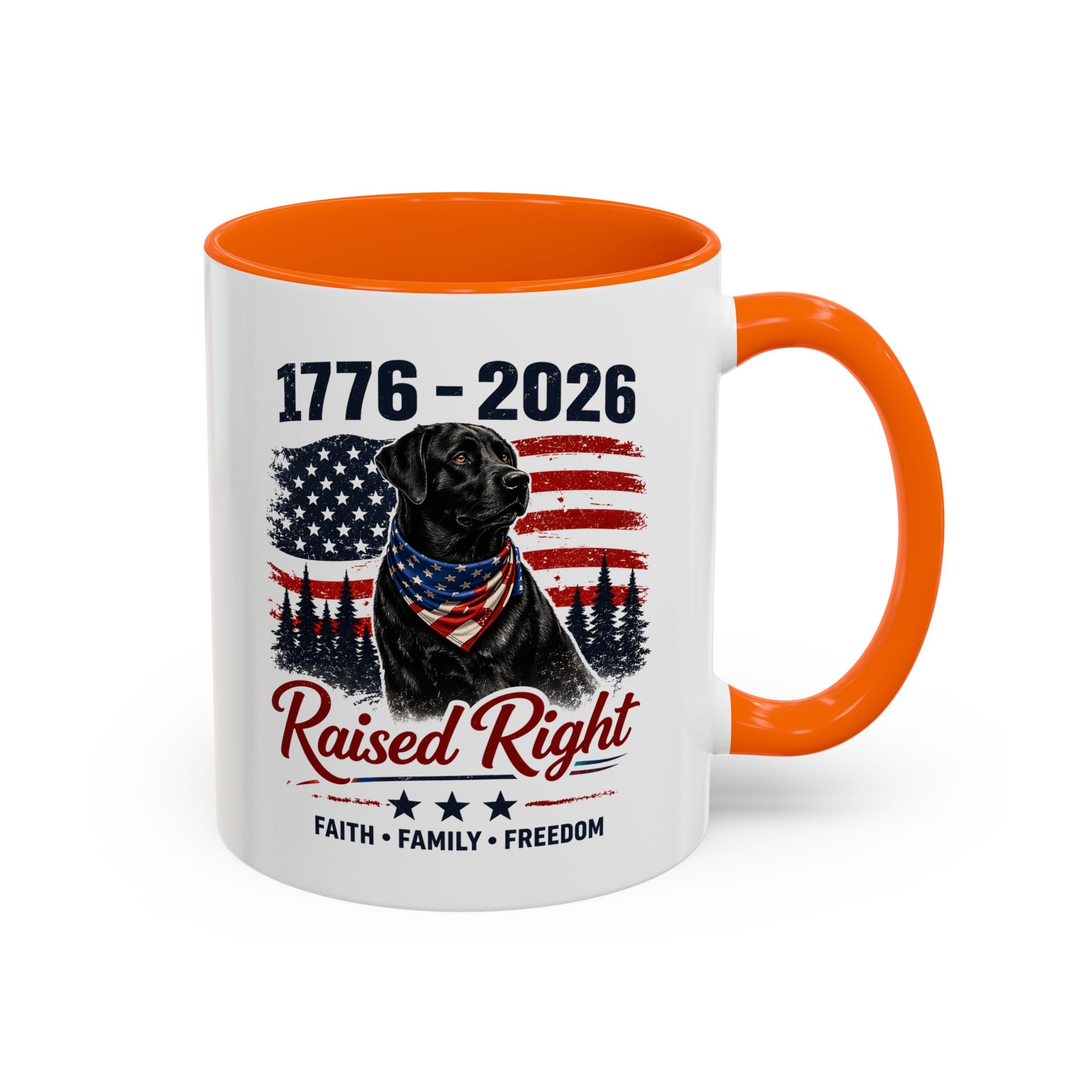 Raised Right Black Lab Coffee Mug — Patriotic 1776–2026 American Flag Dog Mug