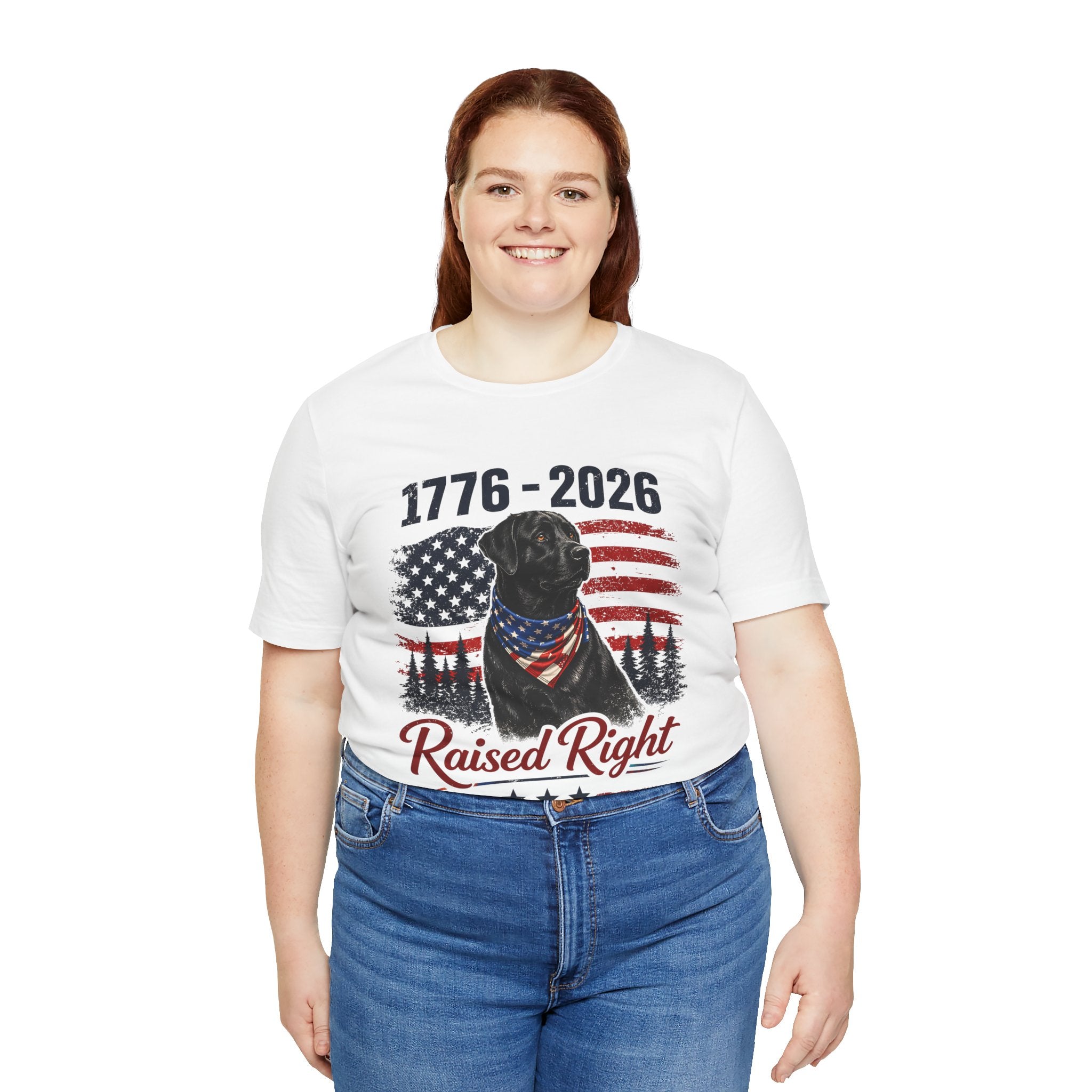 Raised Right Black Lab T-Shirt – 1776–2026 American Flag, Faith • Family • Freedom