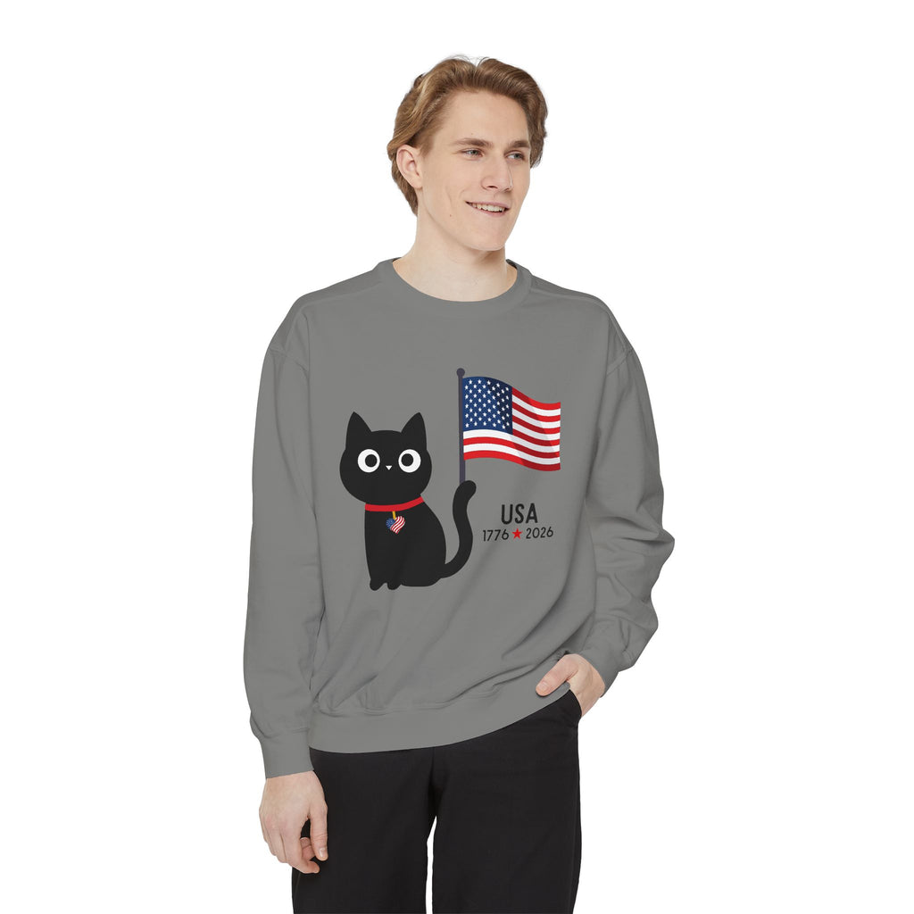 Patriotic Black Cat Sweatshirt — USA Flag 1776–2026