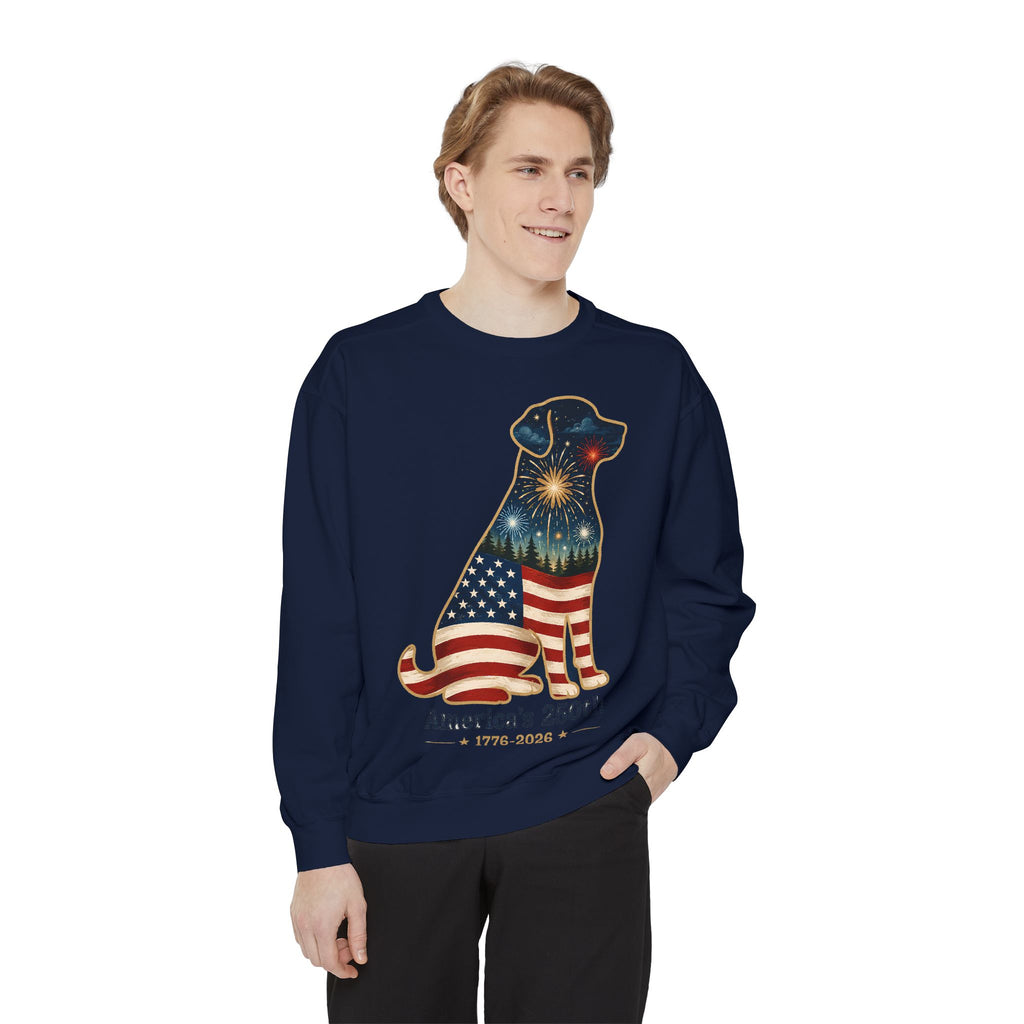 Dog Patriotic Sweatshirt – "America's 250th" Flag Labrador Crewneck