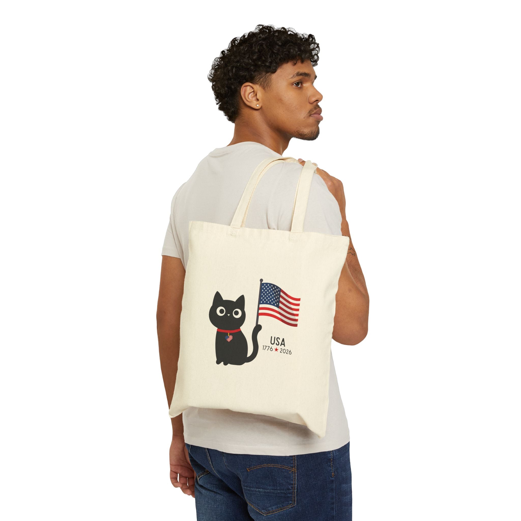 Patriotic Cat Tote Bag - USA Flag Cute Cat Canvas Tote (4th of July)