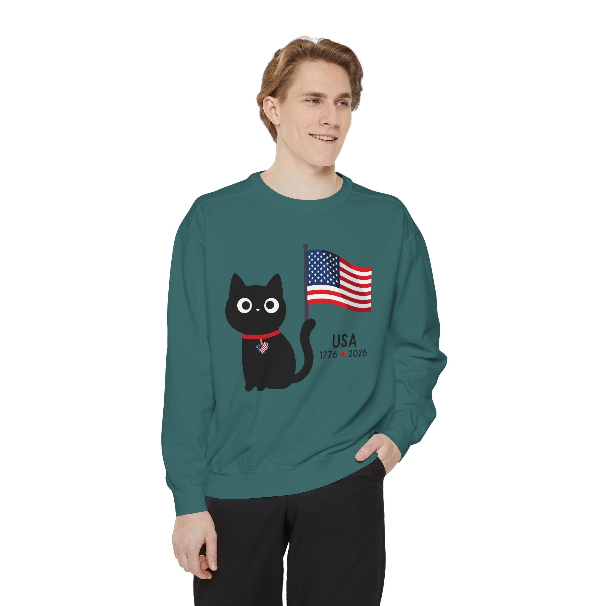 Patriotic Black Cat Sweatshirt — USA Flag 1776–2026