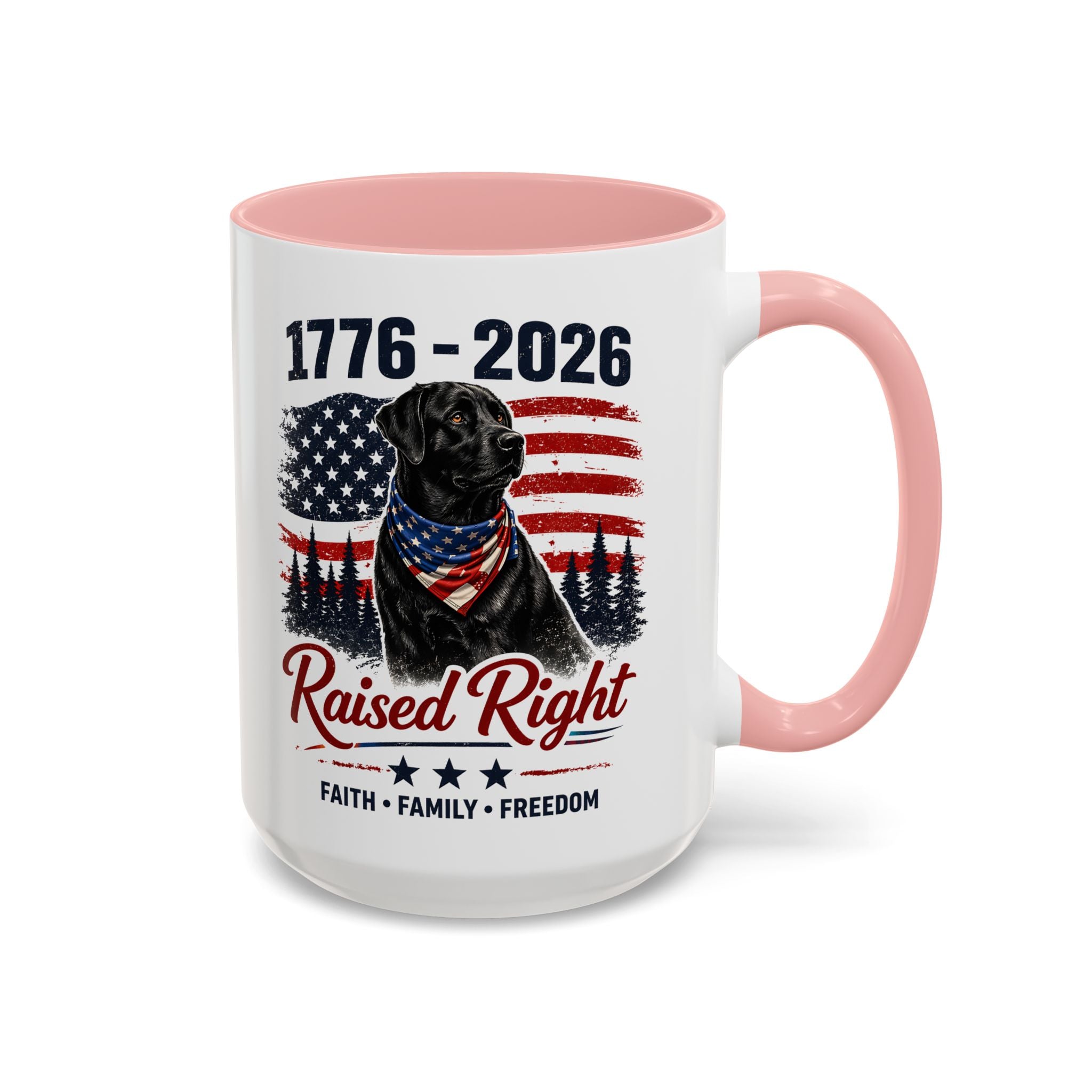 Raised Right Black Lab Coffee Mug — Patriotic 1776–2026 American Flag Dog Mug