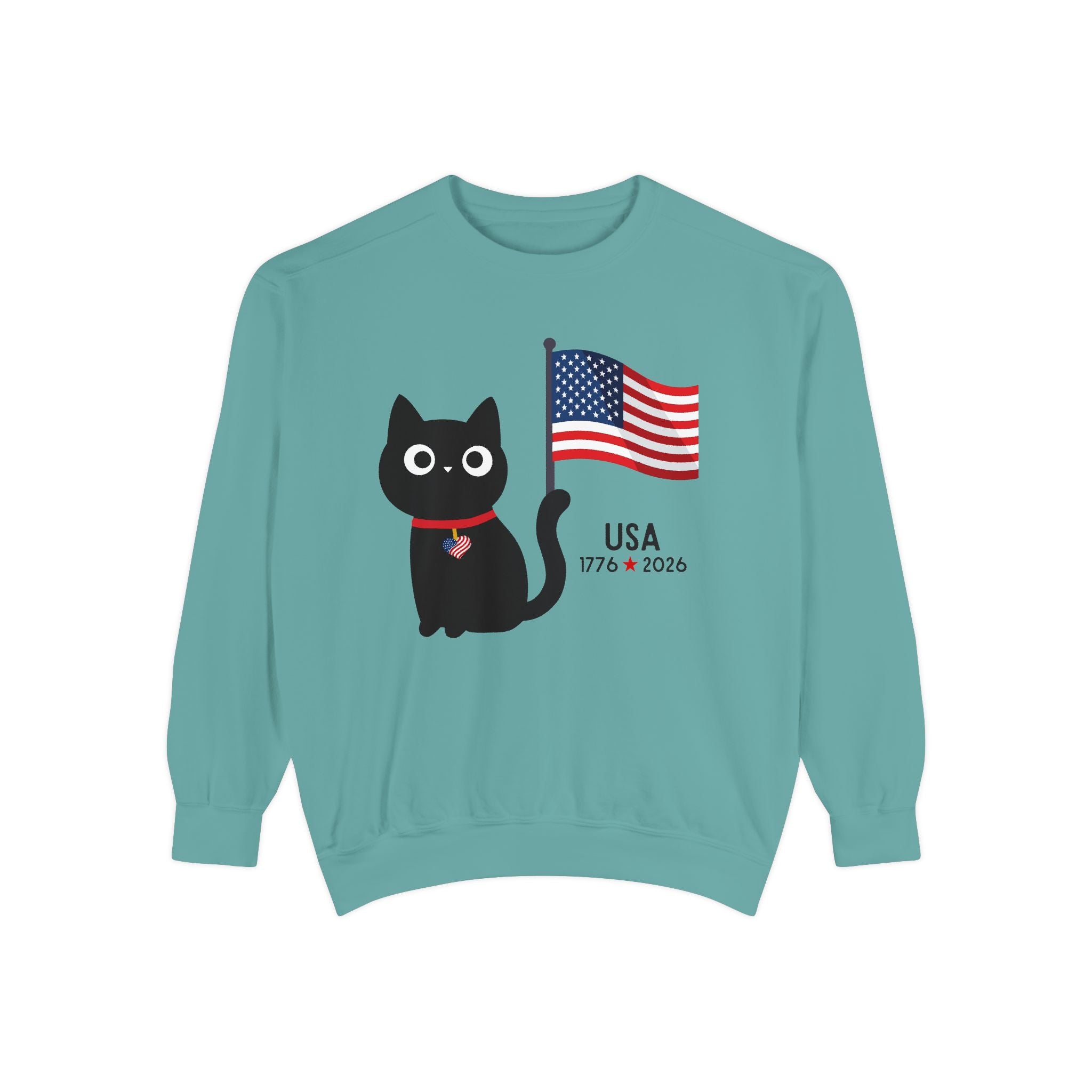 Patriotic Black Cat Sweatshirt — USA Flag 1776–2026