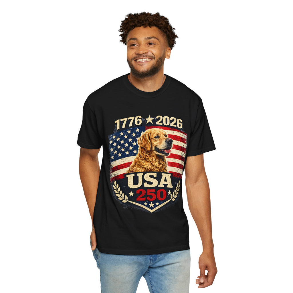 USA 250 Golden Retriever T-Shirt — 1776–2026 Patriotic 250th Anniversary Tee